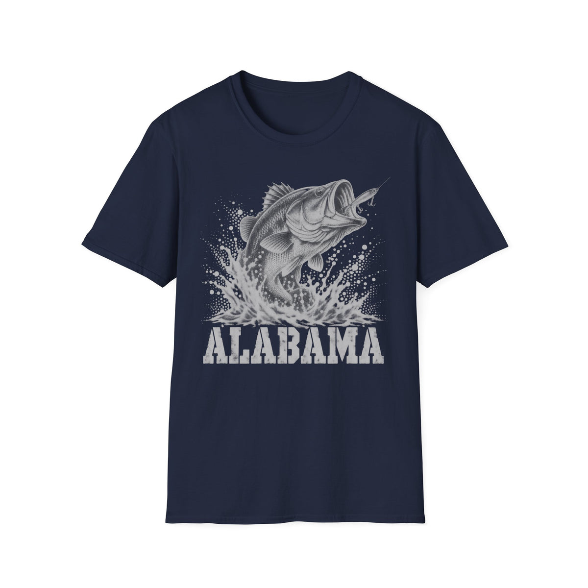 Navy fishing t-shirt with largemouth bass splash and 'ALABAMA' graphic