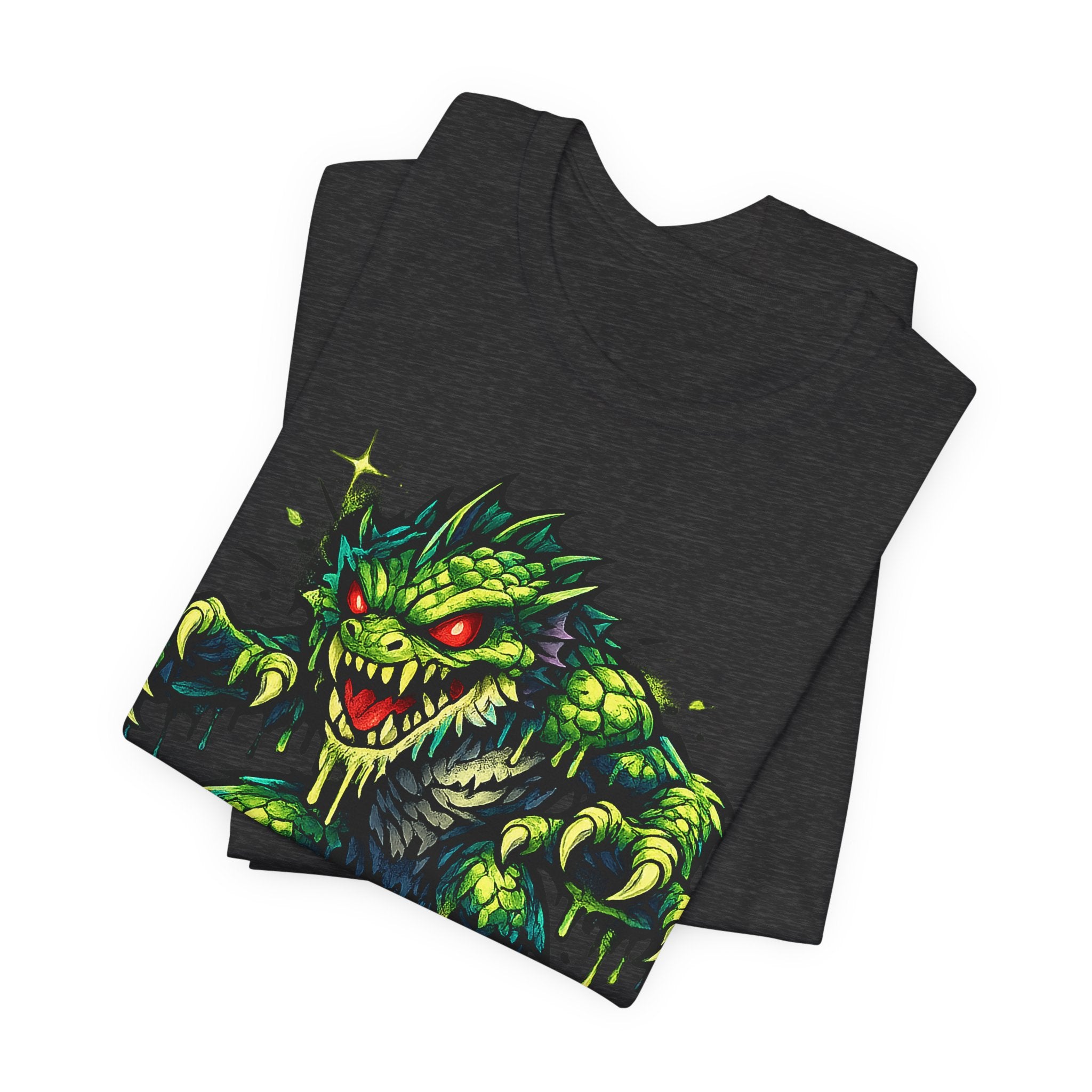 Dark short-sleeve crewneck T-shirt with green monster graphic