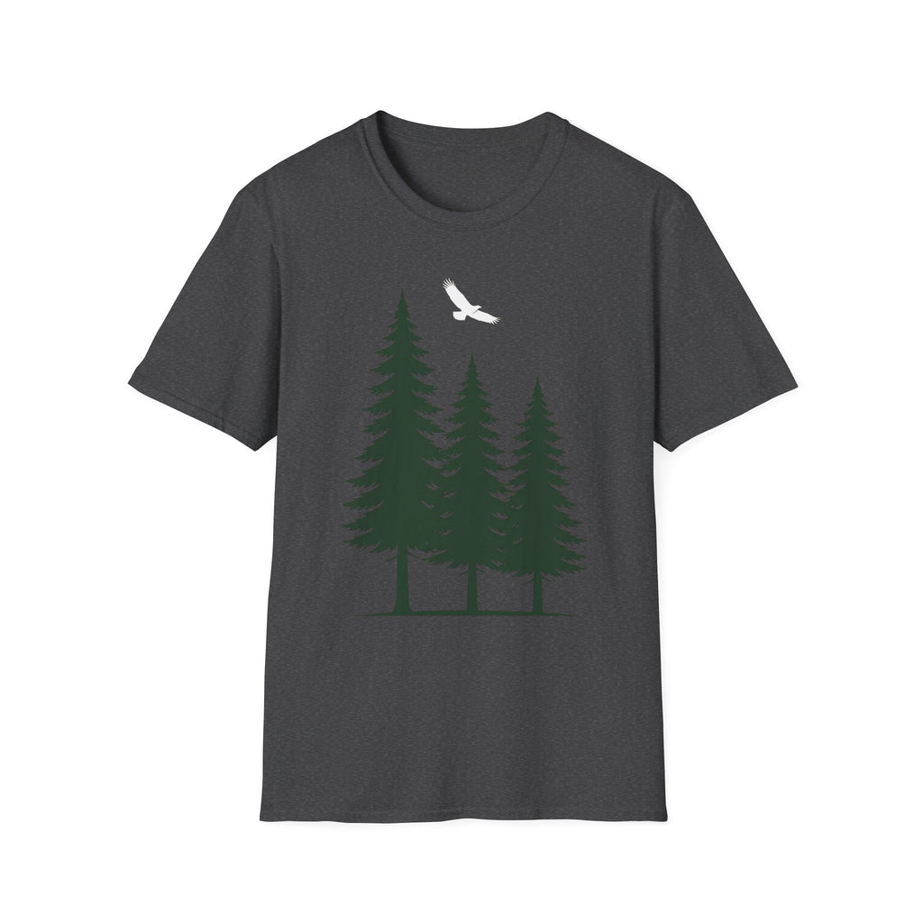 Forest nature T-shirt in dark gray with pine trees graphic and flying bird print