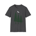 Forest nature T-shirt in dark gray with pine trees graphic and flying bird print