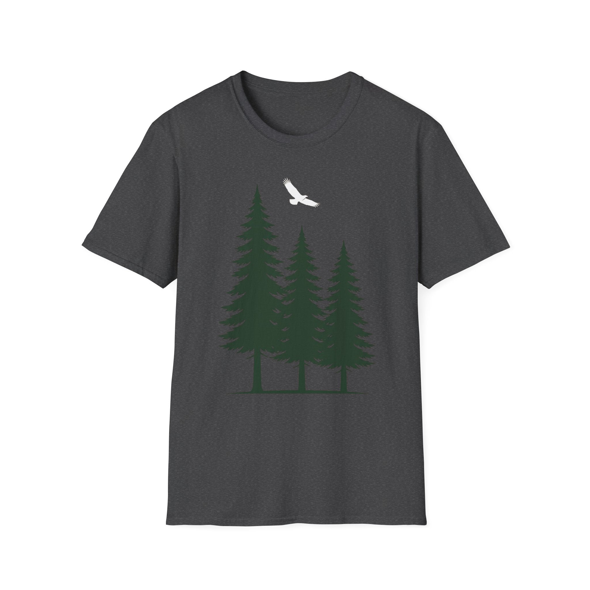 Forest nature T-shirt in dark gray with pine trees graphic and flying bird print