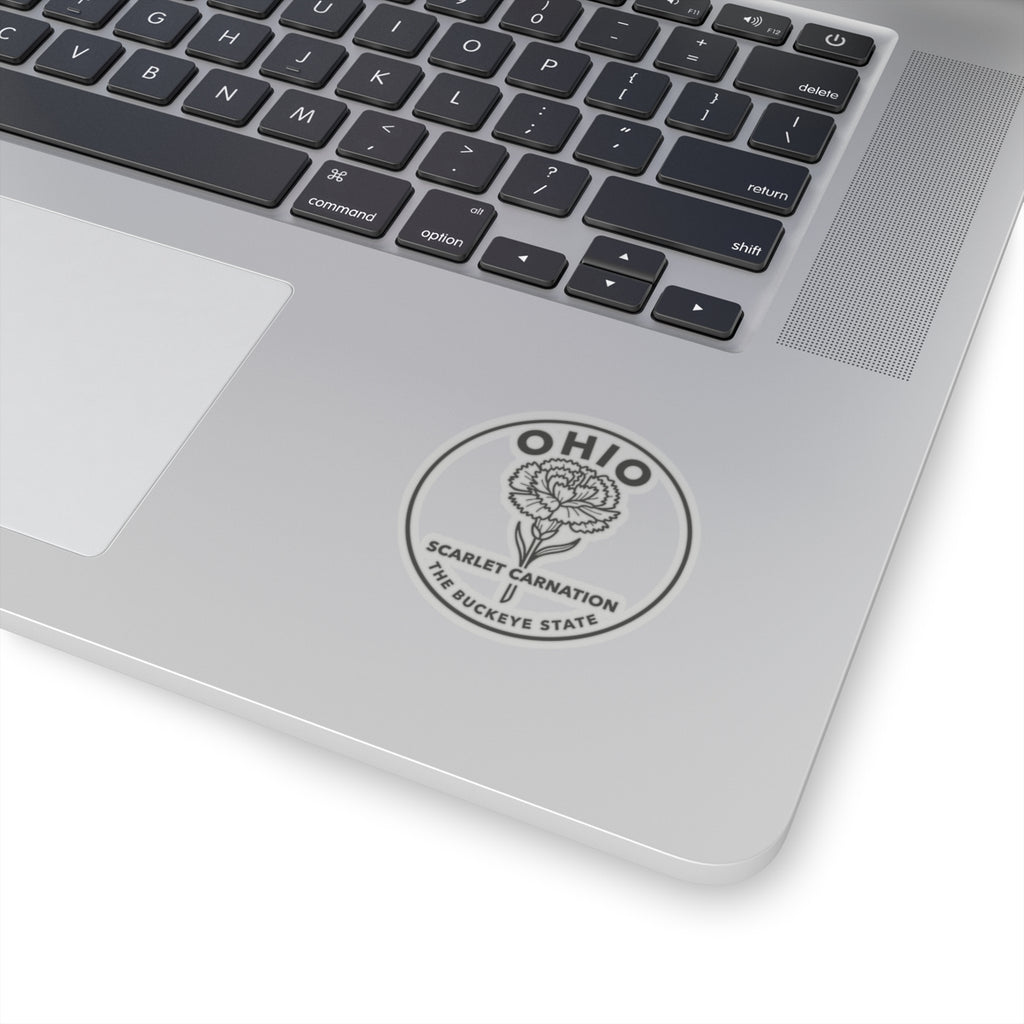 Round Ohio scarlet carnation sticker on laptop lid, transparent vinyl