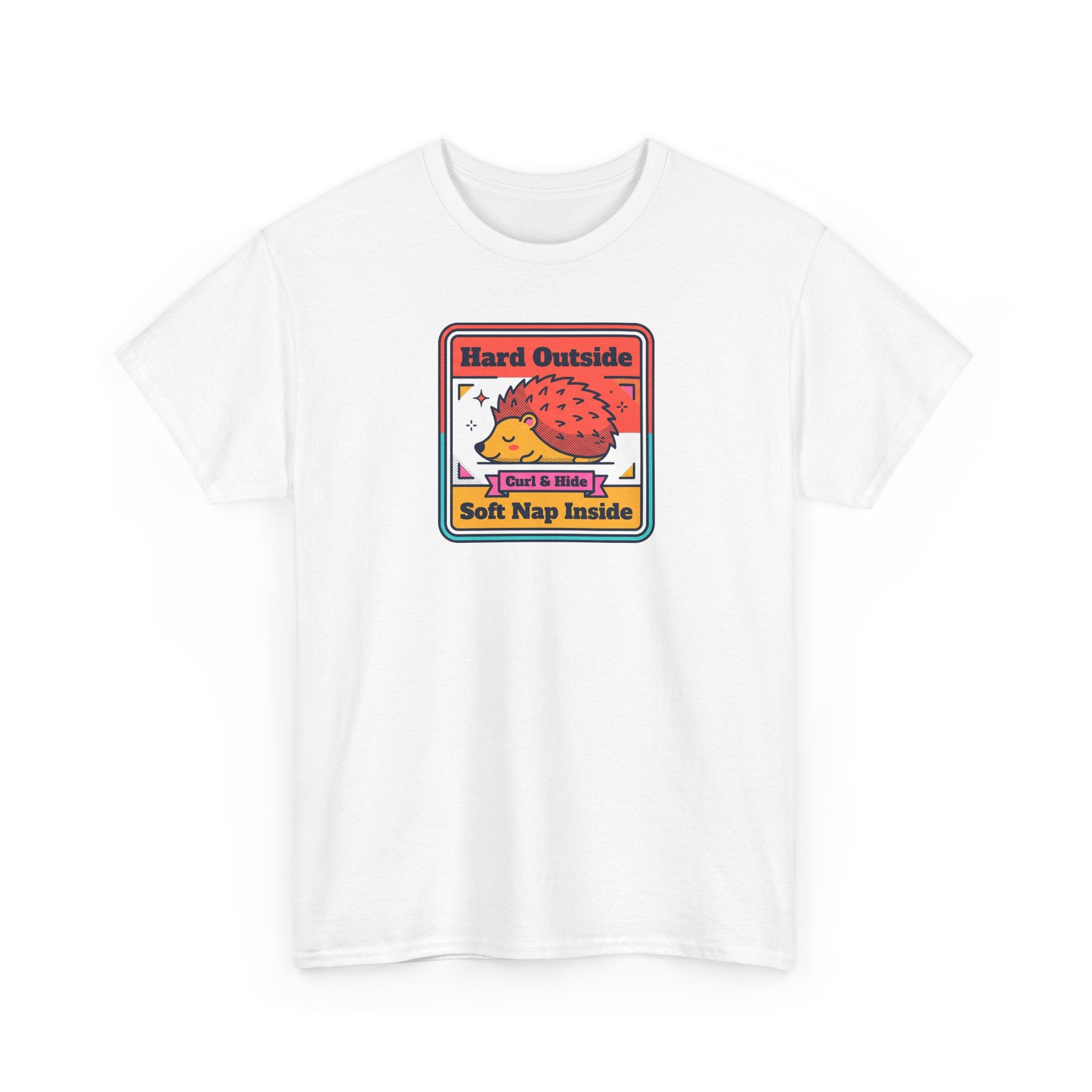 White crewneck T-shirt with hedgehog graphic front in a small colorful badge