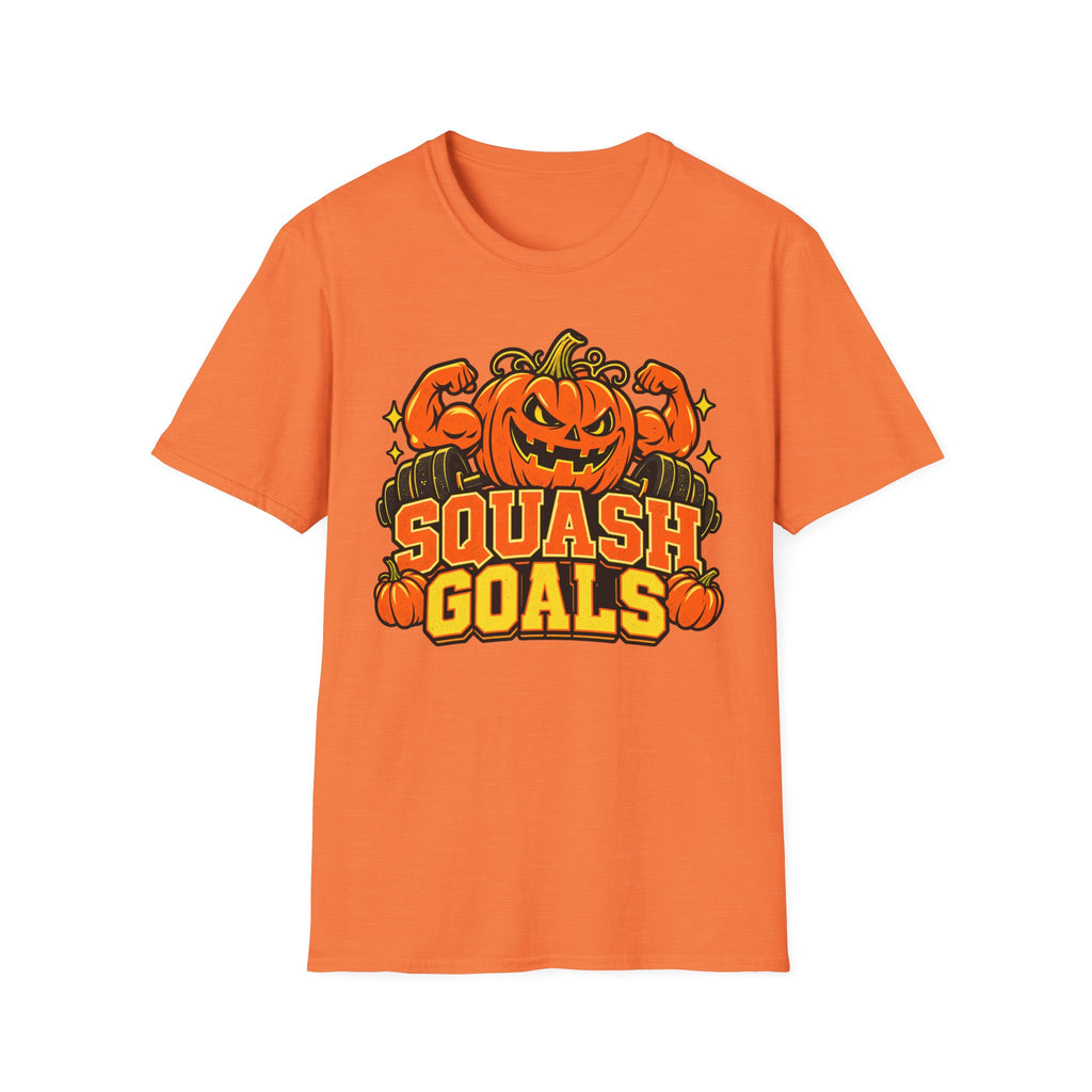 Orange Halloween T-shirt with jack-o-lantern pumpkin graphic and "SQUASH GOALS" text