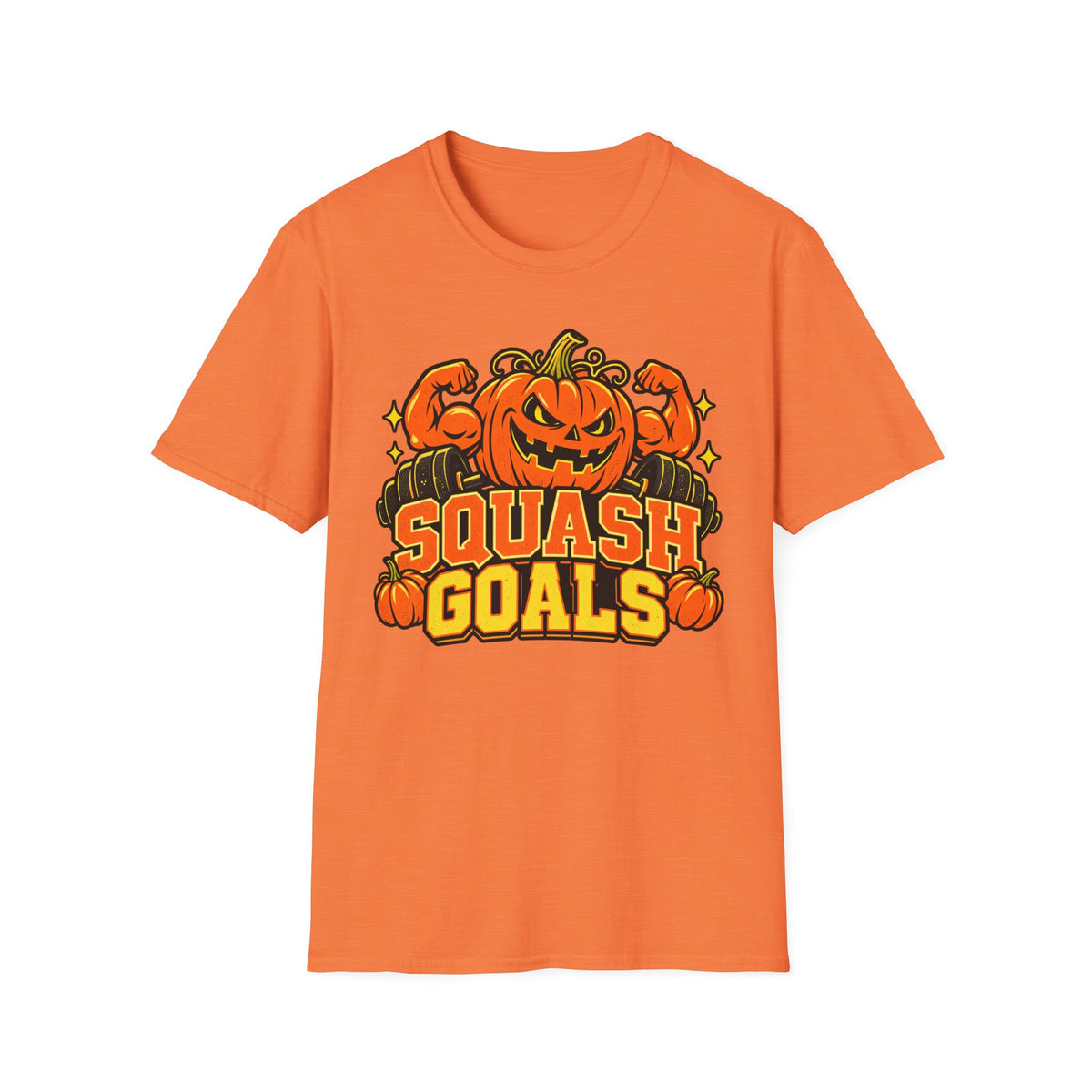 Orange Halloween T-shirt with jack-o-lantern pumpkin graphic and "SQUASH GOALS" text