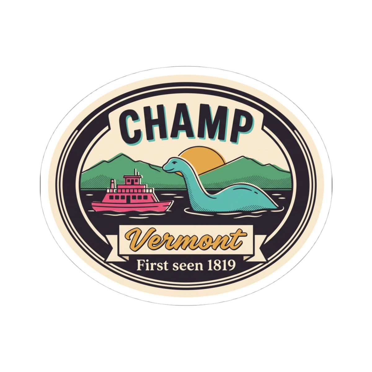 Circular kiss-cut sticker with Champ Vermont text, lake monster and boat illustration