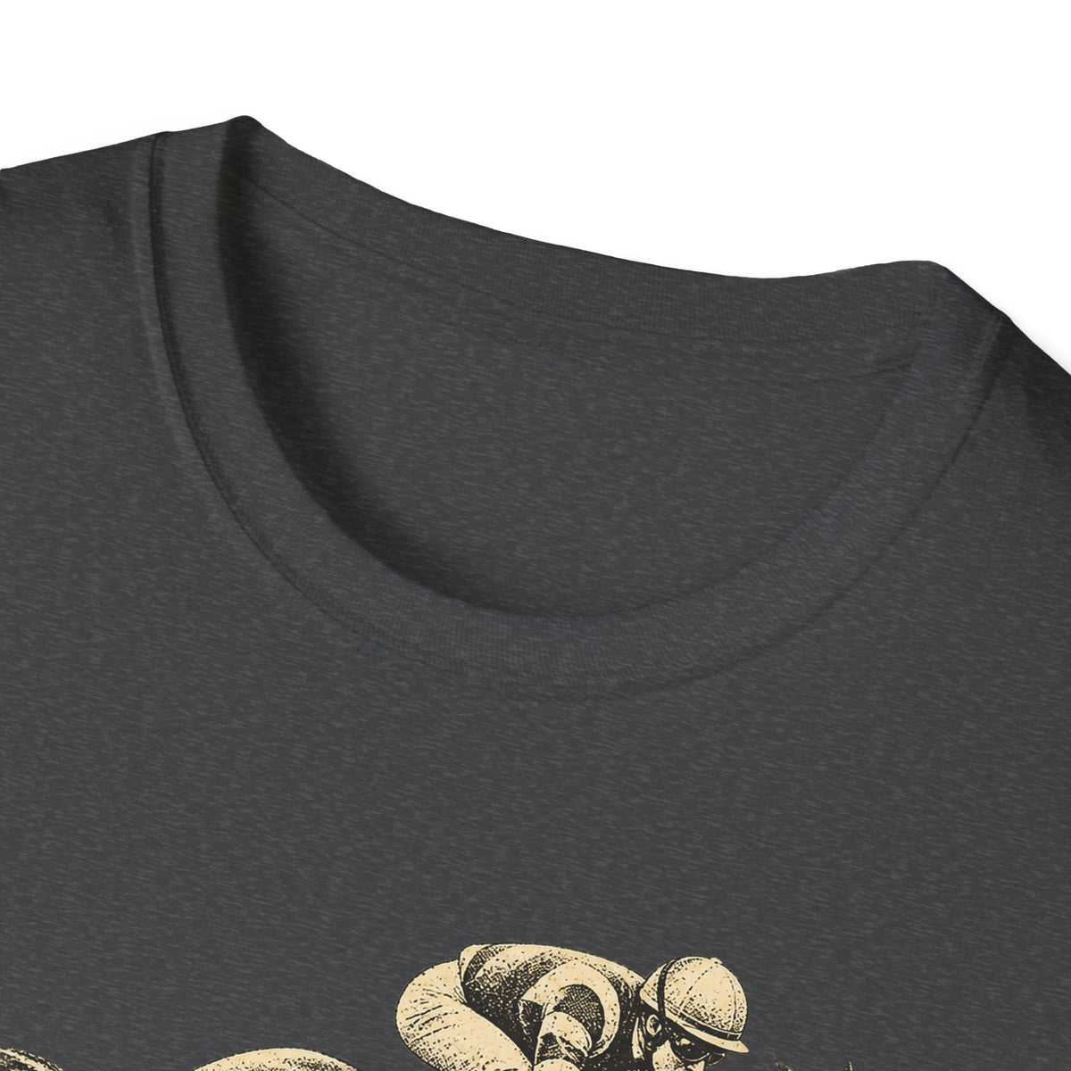 Dark gray crew-neck T-shirt neckline with partial gold horse racing graphic