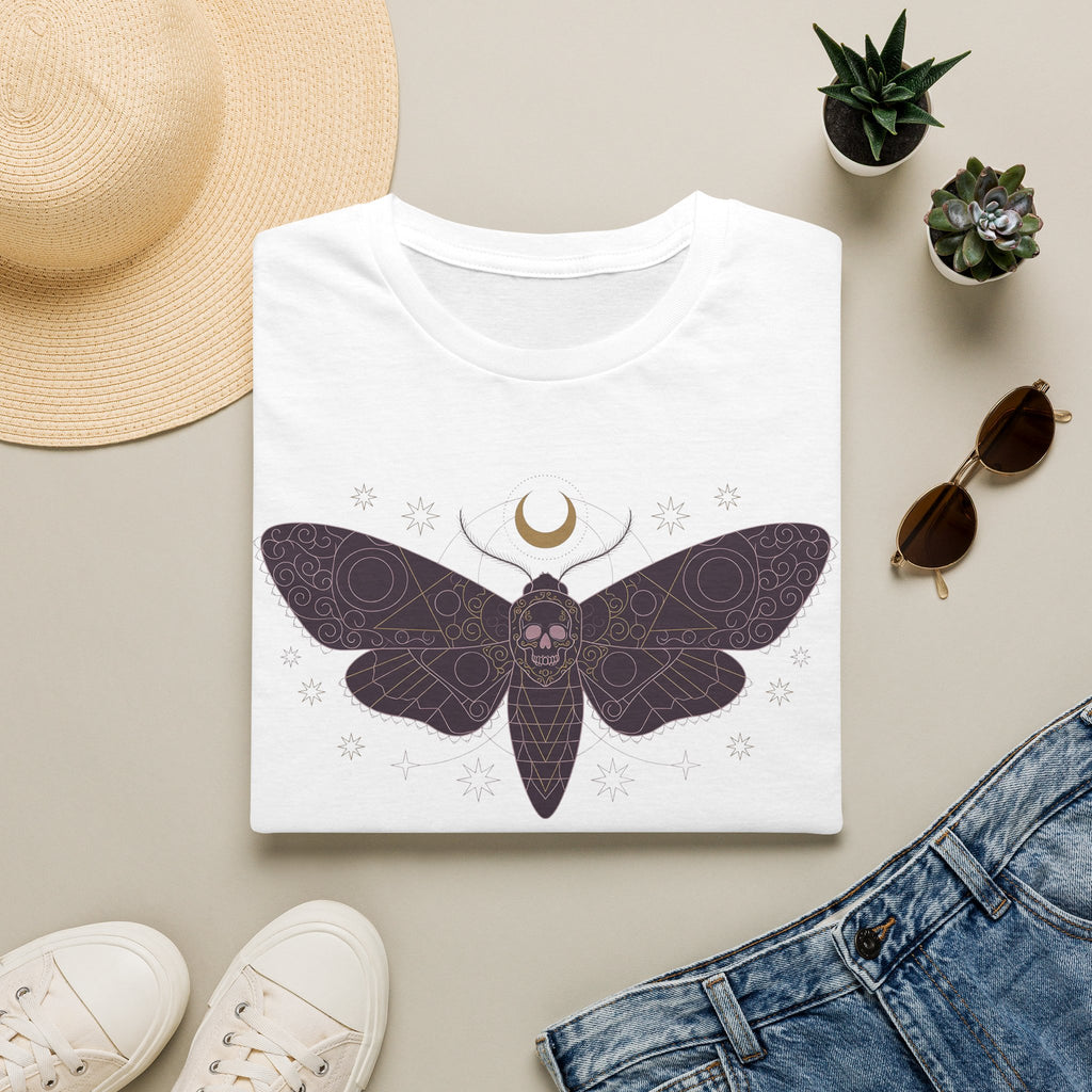 White moth skull graphic T-shirt with crescent moon and snowflake print