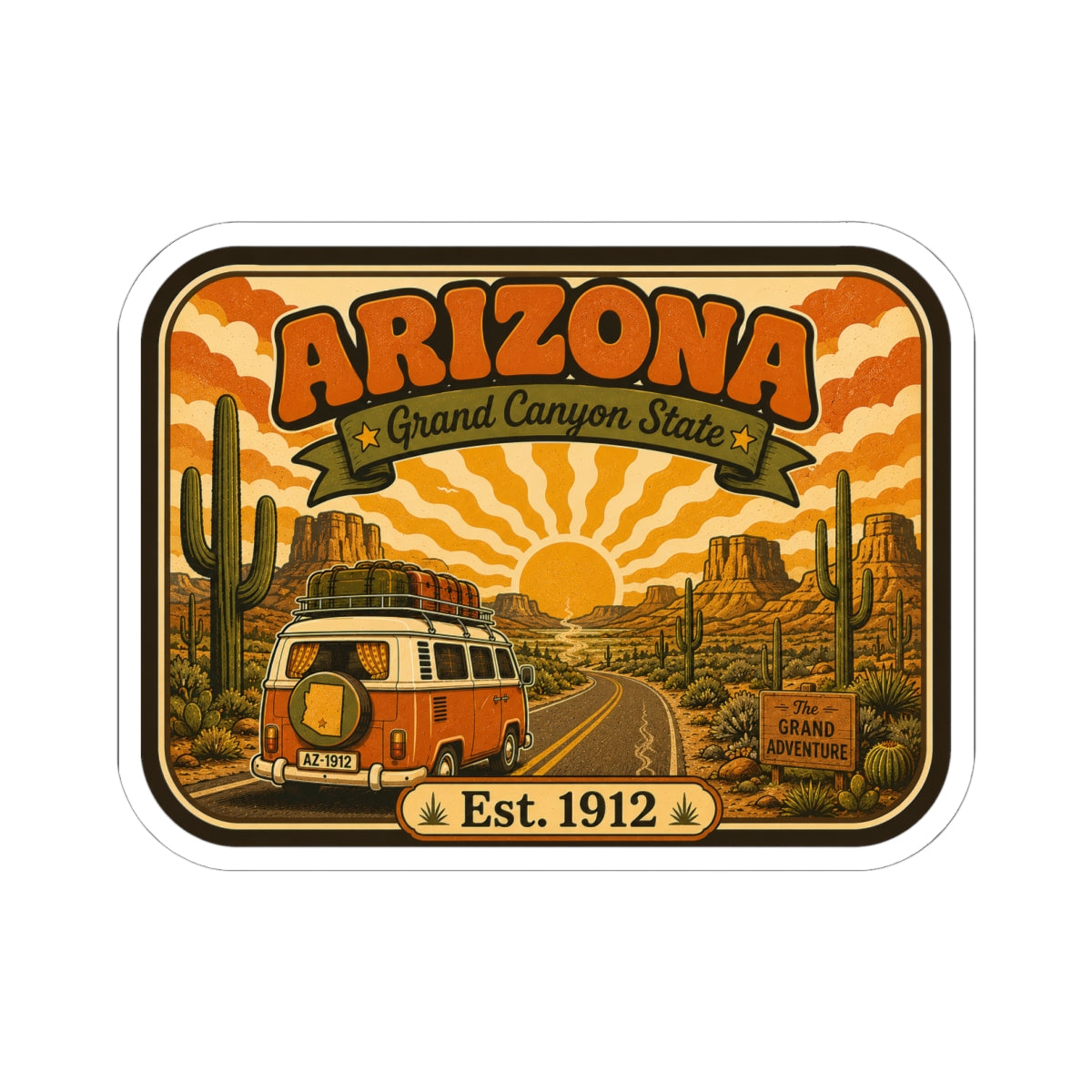 Rounded die-cut sticker featuring Arizona title, desert scene with camper van, and Est. 1912