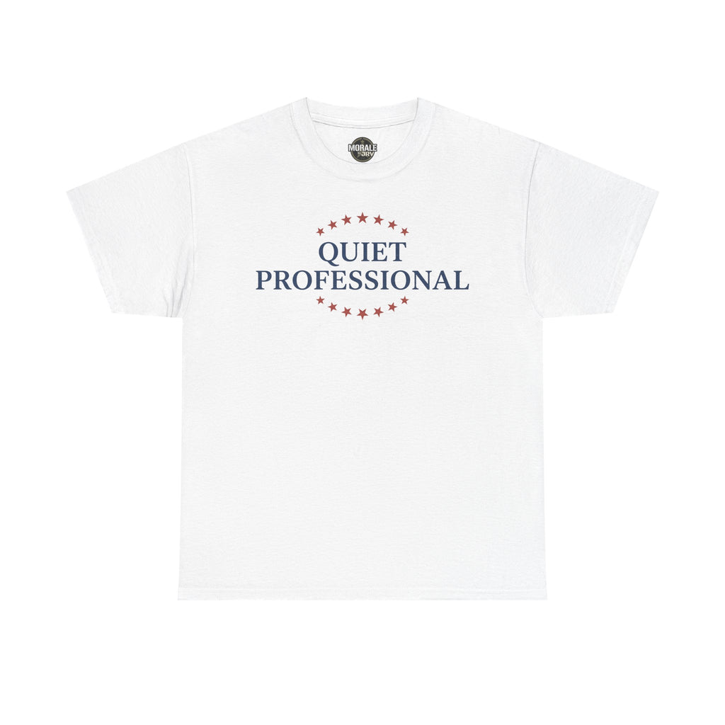 White crew-neck t-shirt with red star circle and “QUIET PROFESSIONAL” print