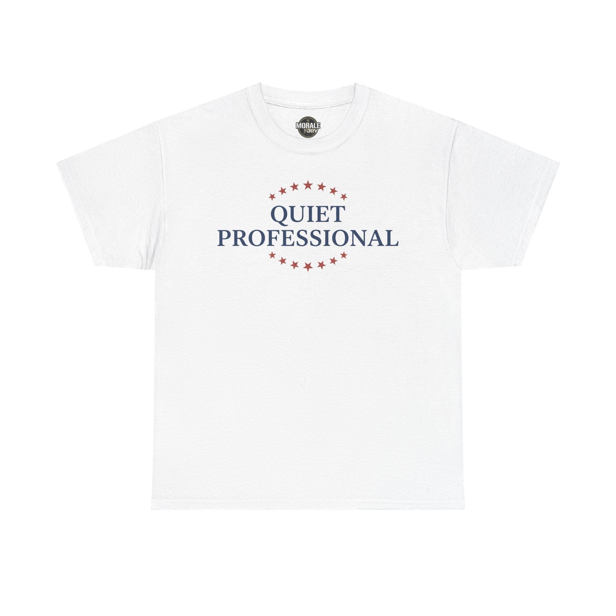 White crew-neck t-shirt with red star circle and “QUIET PROFESSIONAL” print