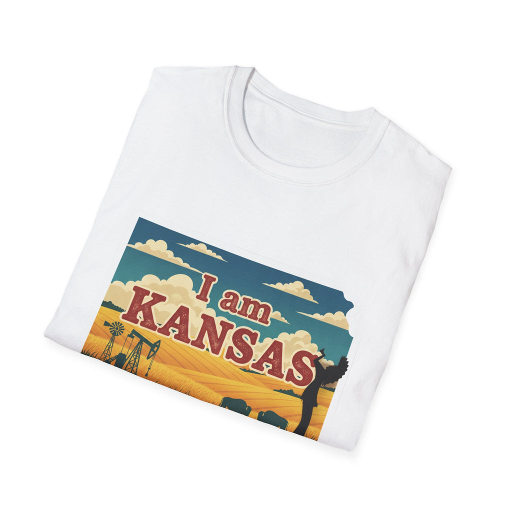 White I am Kansas T-shirt with prairie scene Kansas and I am graphic