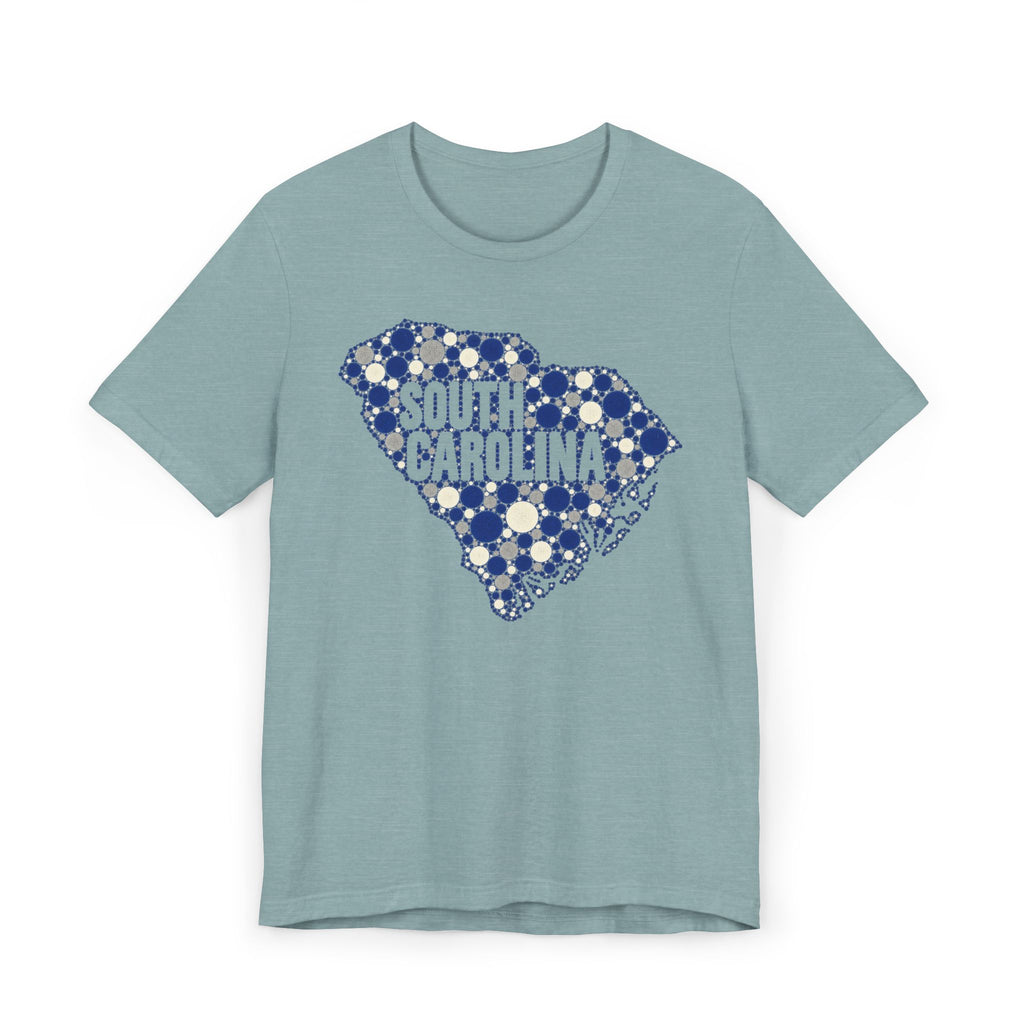 Teal T-shirt with blue dotted South Carolina outline and “South Carolina” text