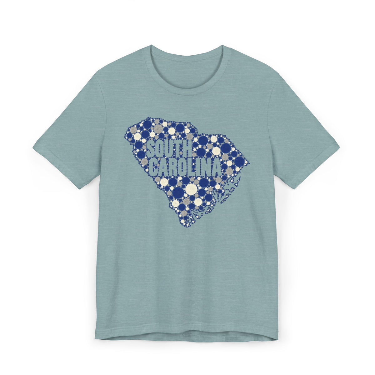 Teal T-shirt with blue dotted South Carolina outline and “South Carolina” text