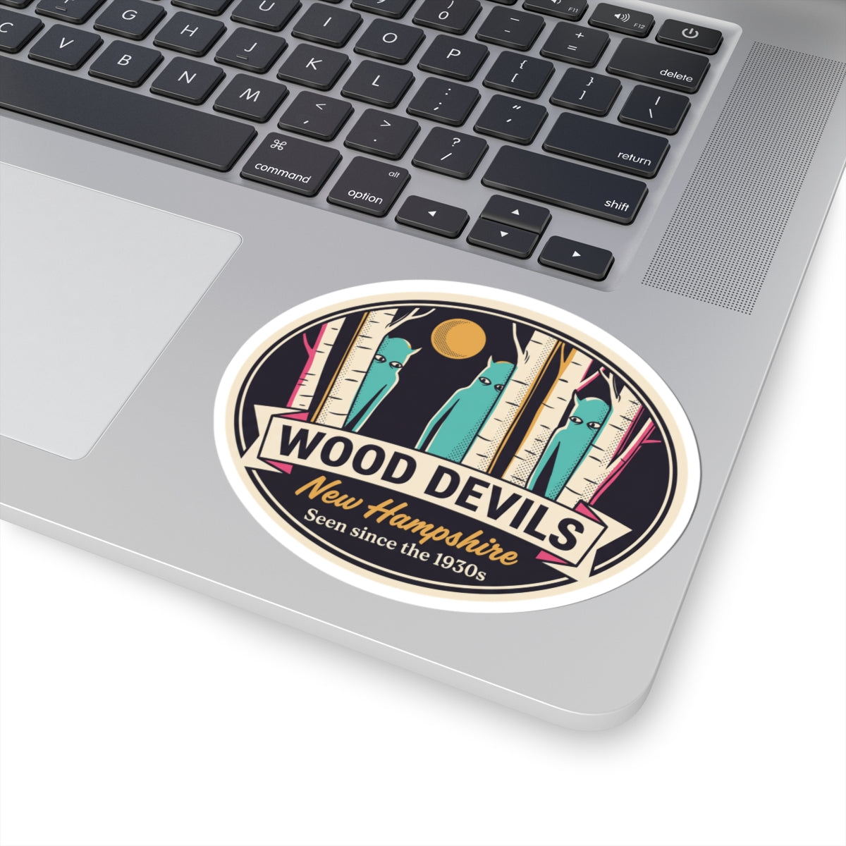 Wood Devils New Hampshire oval sticker on laptop lid, teal birch characters and gold moon