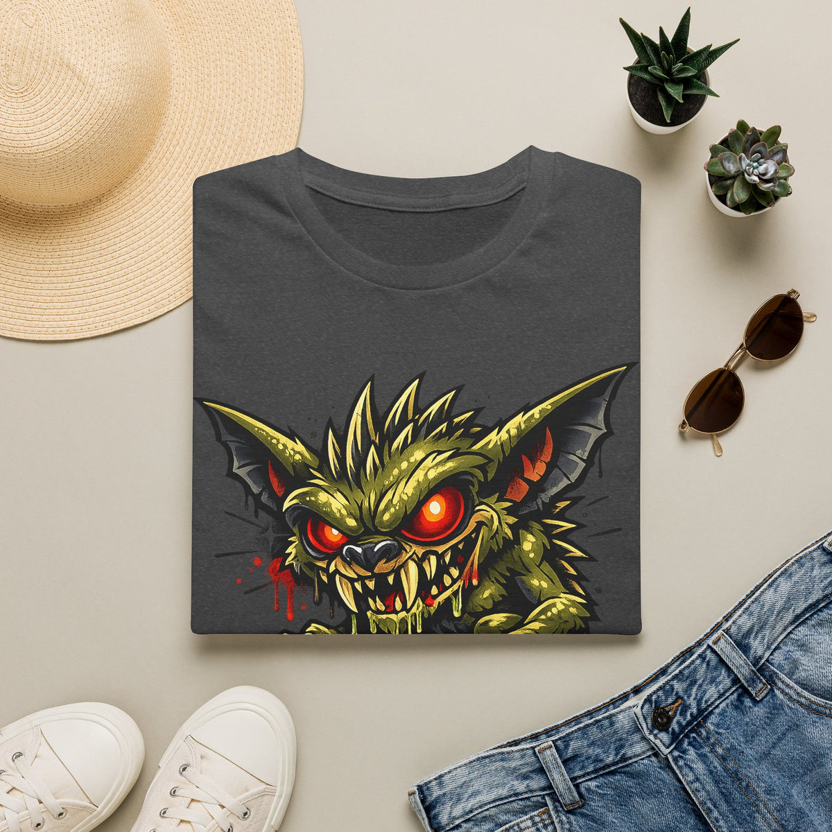 Dark gray unisex crewneck T-shirt, snarling skull graphic with red glowing eyes