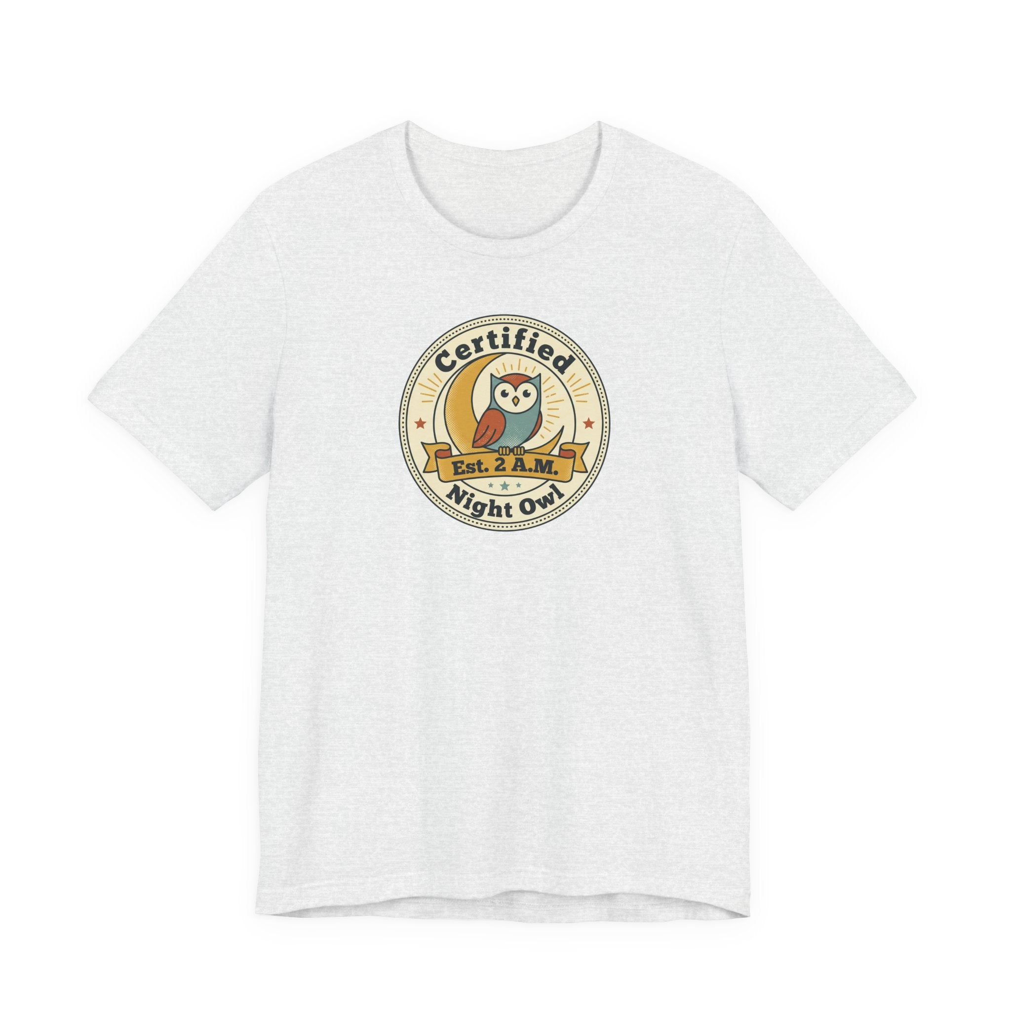 Heather gray T-shirt with certified night owl badge graphic on chest