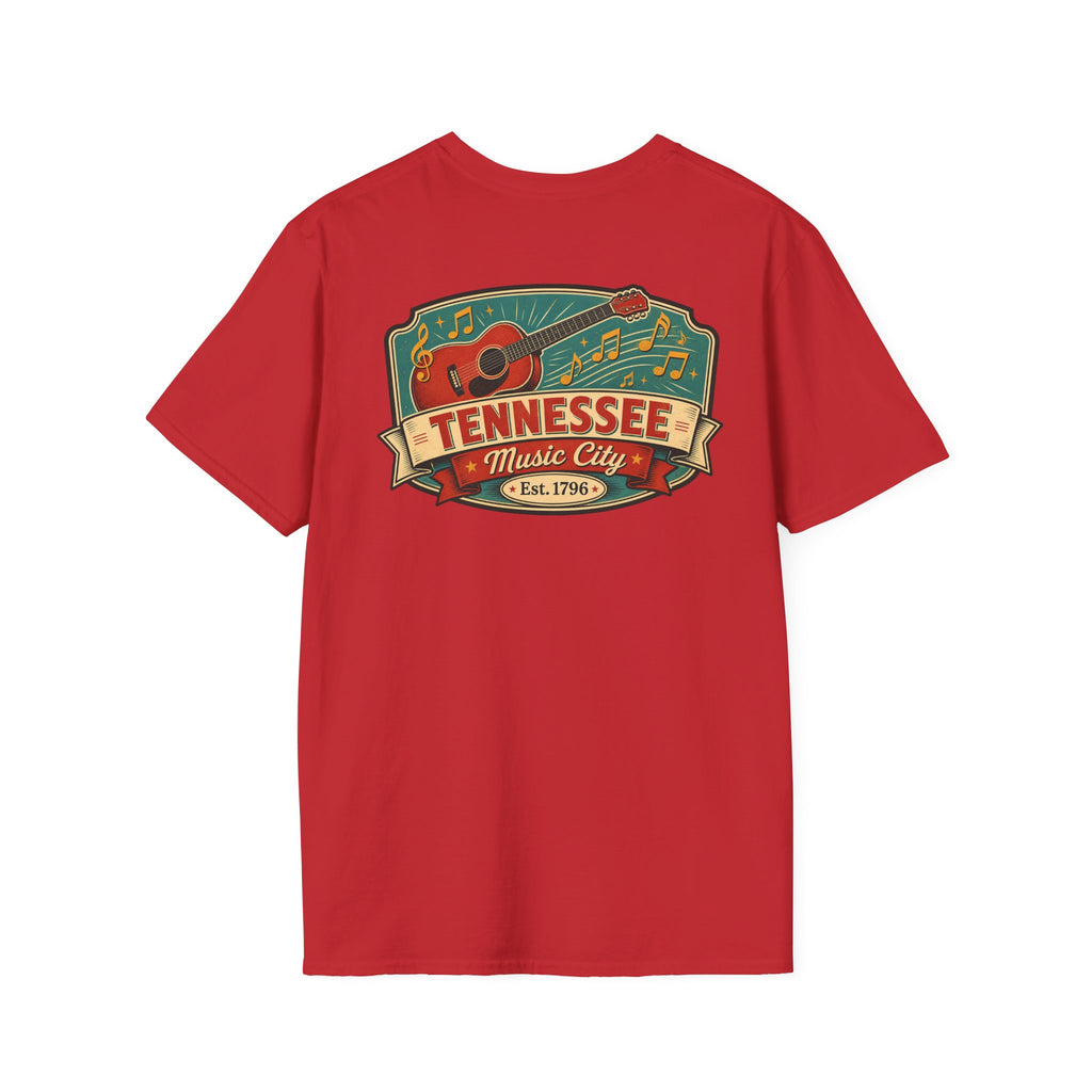 Red T-shirt with Tennessee Music City vintage emblem graphic on chest