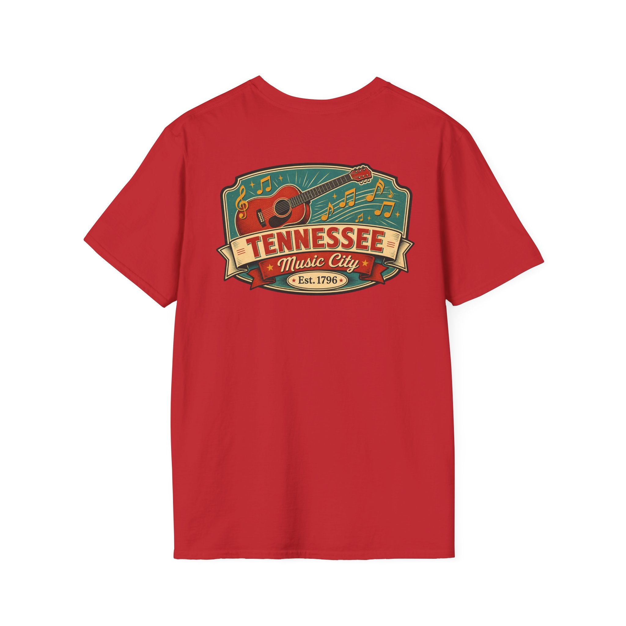Red T-shirt with Tennessee Music City vintage emblem graphic on chest