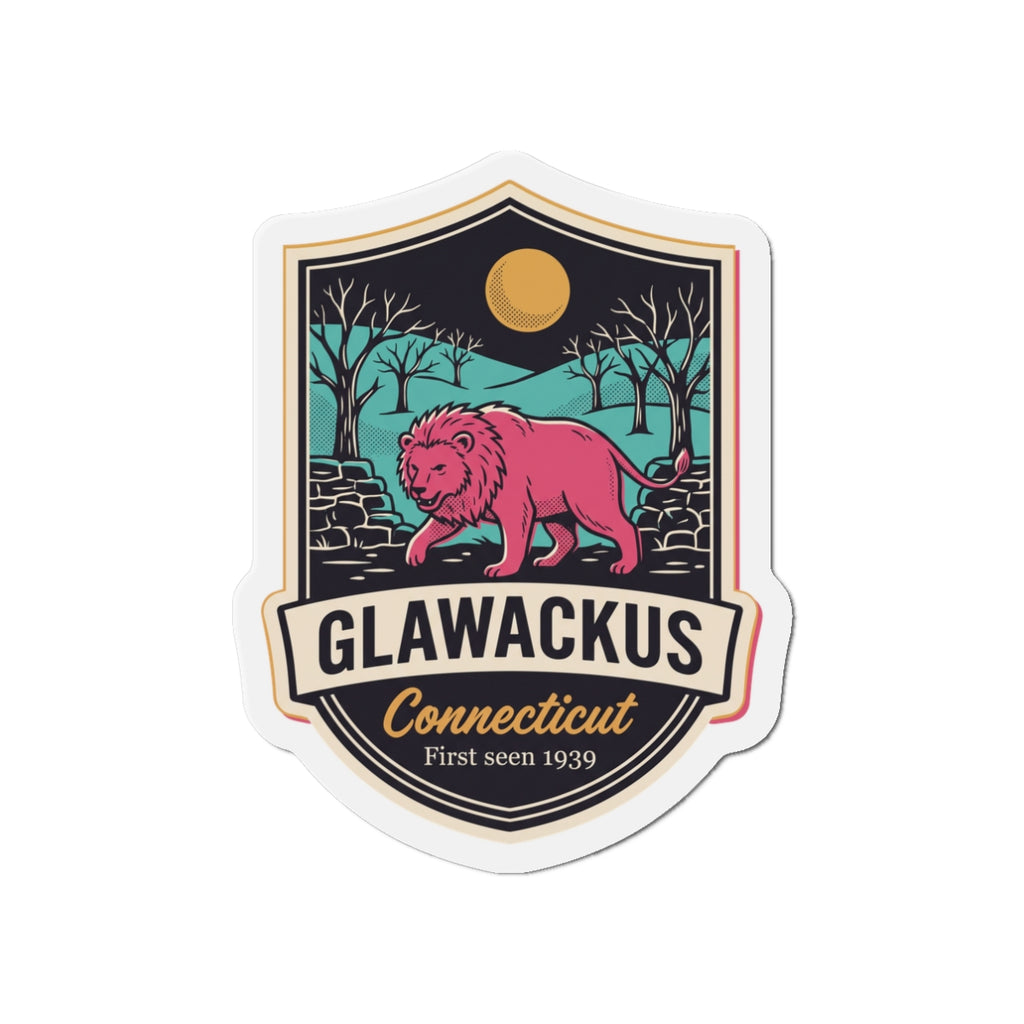 Die-cut Connecticut lion crest magnet, shield badge with pink lion and moon emblem