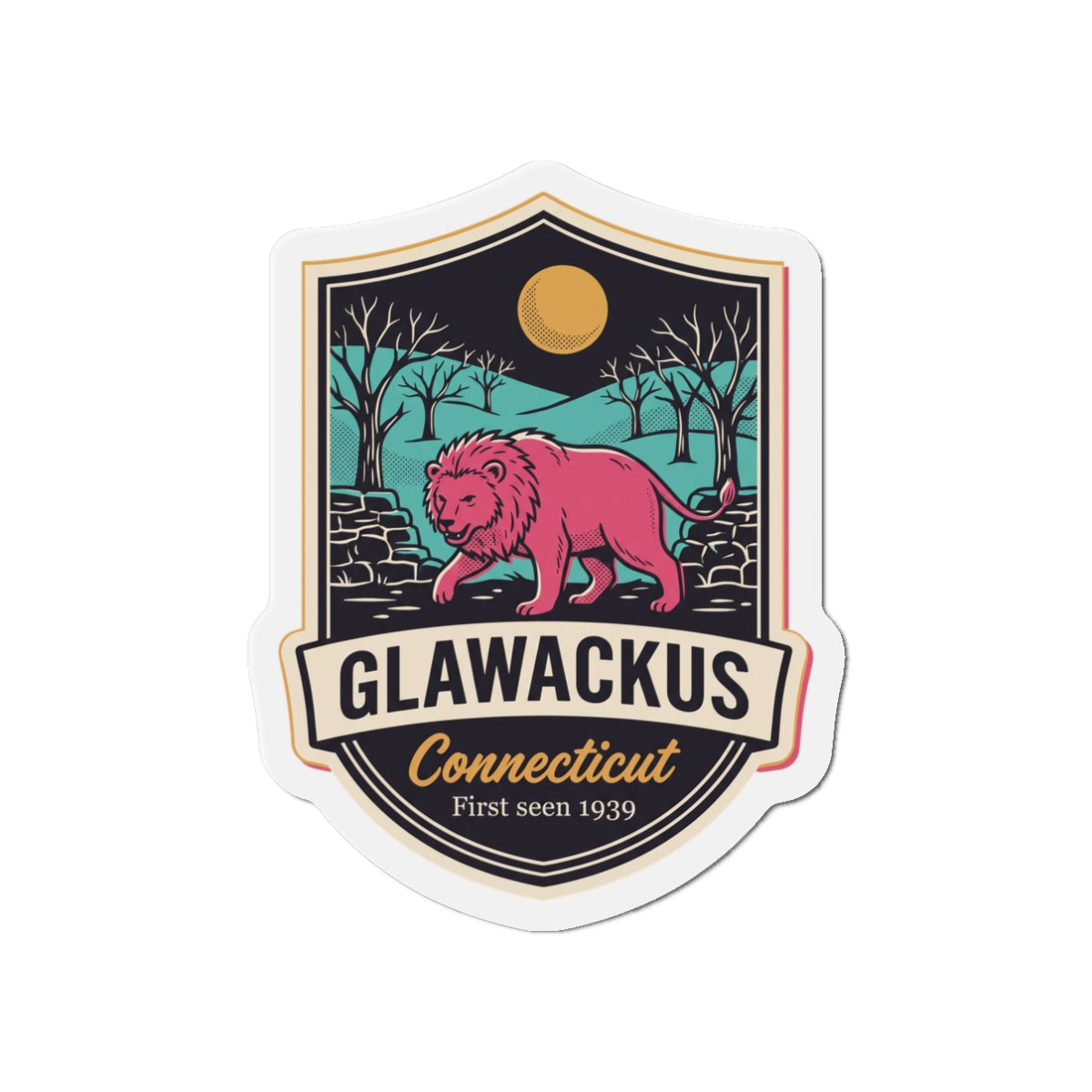 Die-cut Connecticut lion crest magnet, shield badge with pink lion and moon emblem