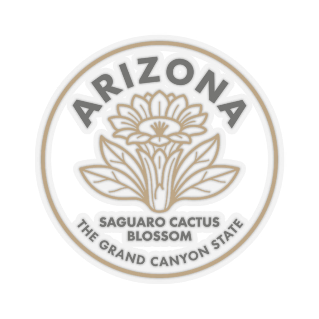 Circular Arizona state flower sticker with saguaro cactus blossom and text, beige on clear.