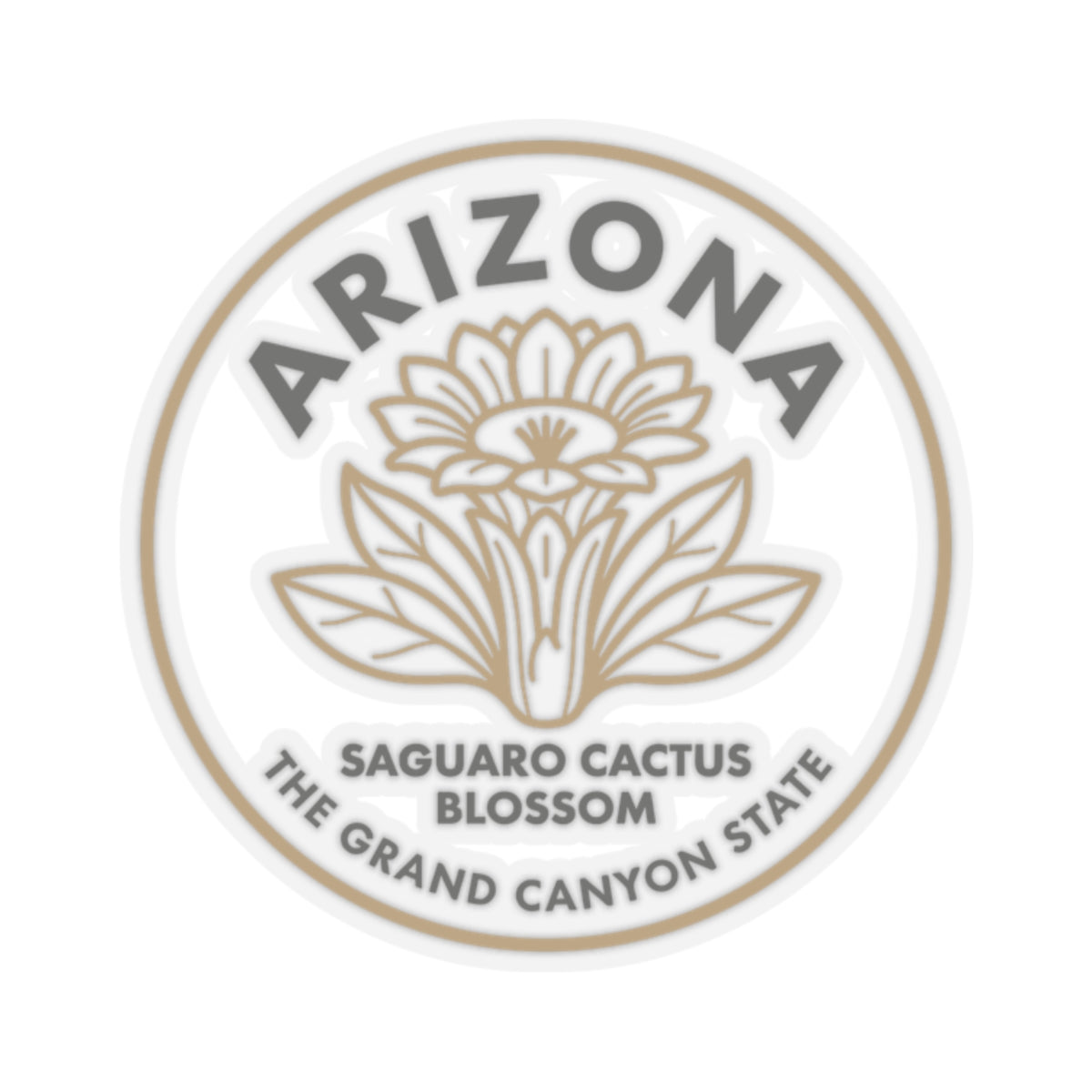 Circular Arizona state flower sticker with saguaro cactus blossom and text, beige on clear.
