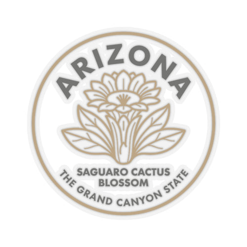 Circular Arizona state flower sticker with saguaro cactus blossom and text, beige on clear.
