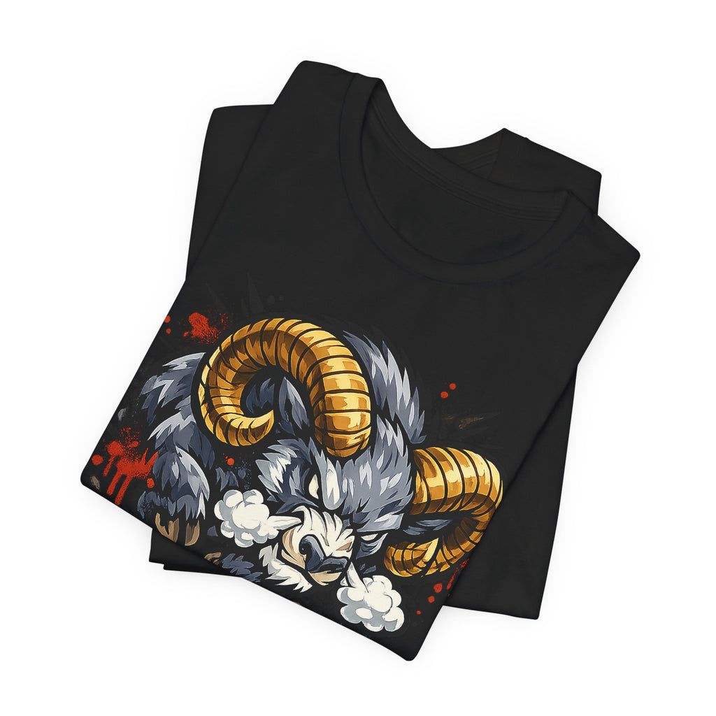 Black T-shirt with charging ram graphic on front.
