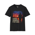 Black crewneck T-shirt, American flag sunset with soldier silhouette and patriotic slogan print