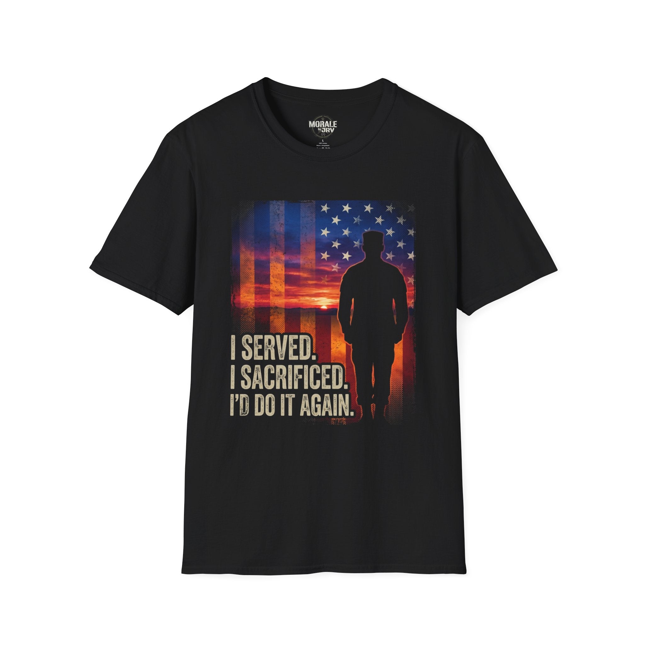 Black crewneck T-shirt, American flag sunset with soldier silhouette and patriotic slogan print