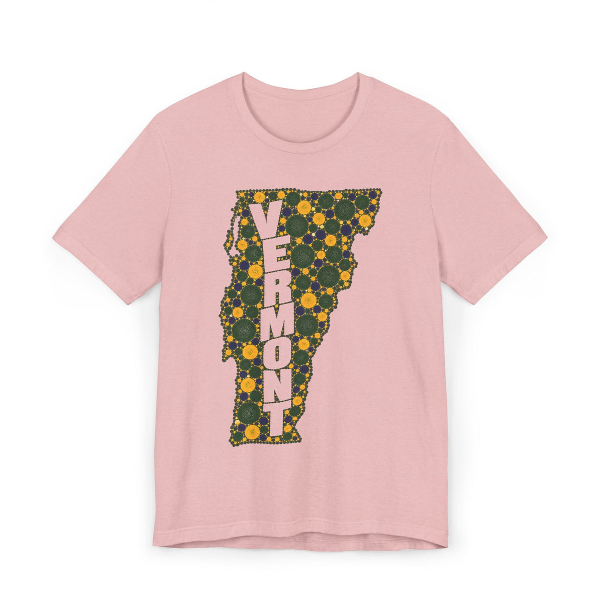 Pink T-shirt with multicolor floral Vermont outline and VERMONT text graphic.
