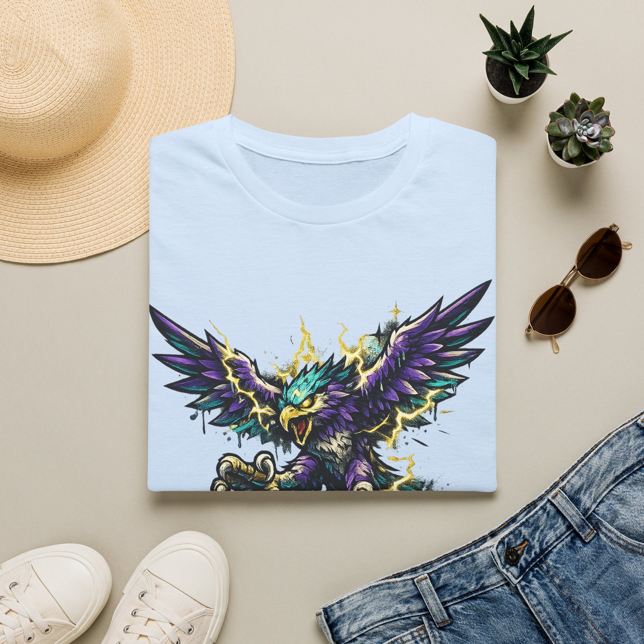 Light blue crew-neck T-shirt with colorful mythical lightning bird graphic
