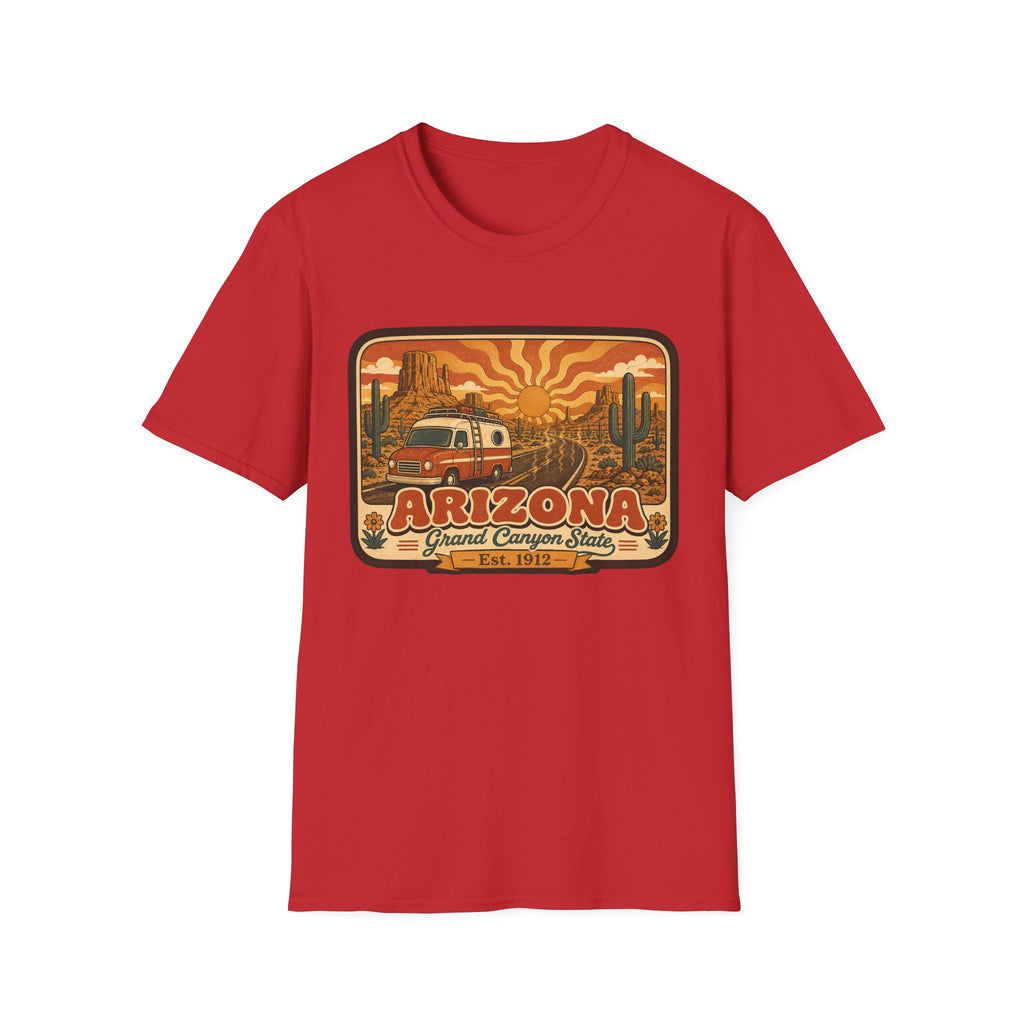 Men’s unisex red T-shirt with Arizona graphic print featuring a camper and desert scene
