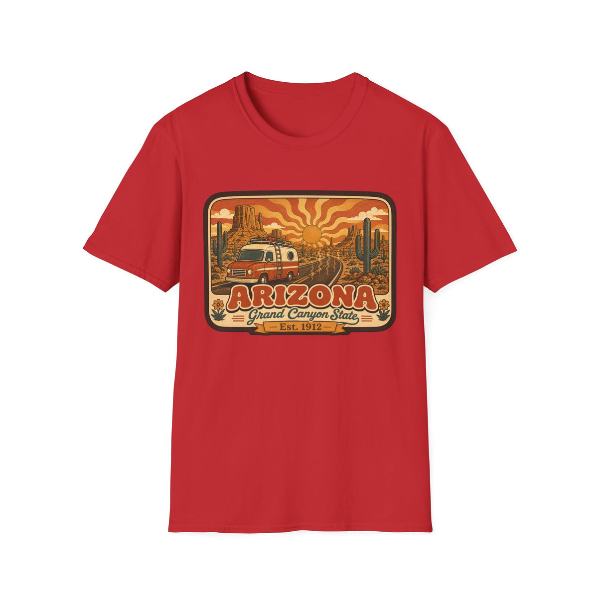 Men’s unisex red T-shirt with Arizona graphic print featuring a camper and desert scene