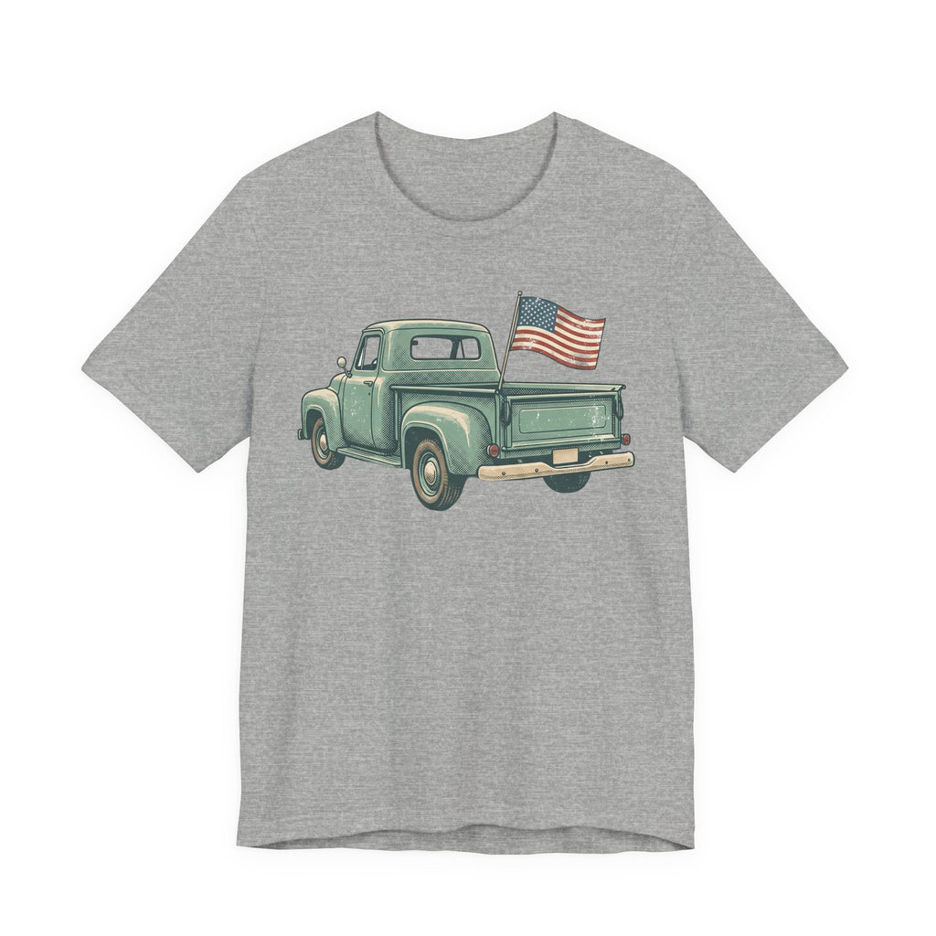 Medium gray T-shirt with green pickup truck and American flag graphic