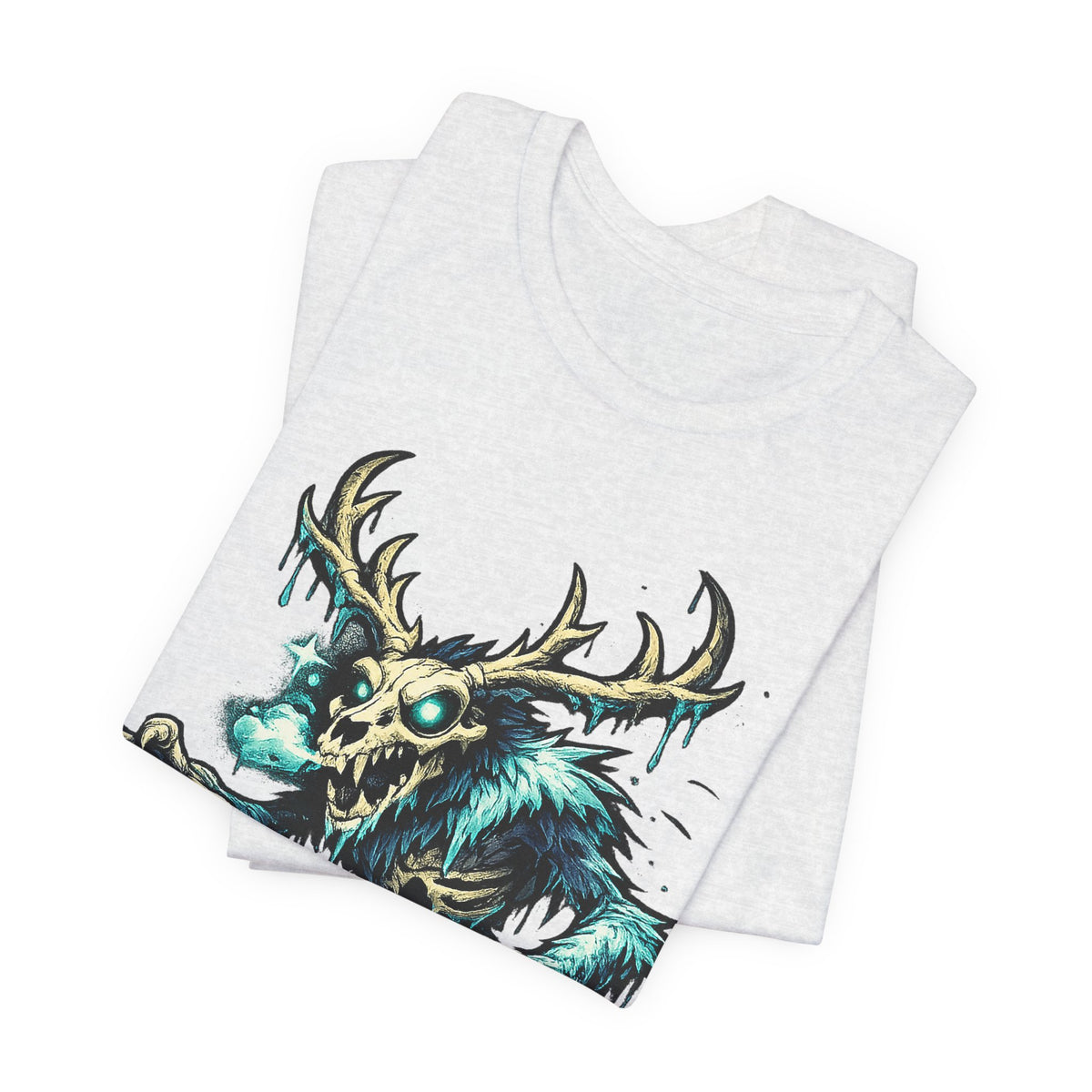 Light gray crew-neck T-shirt with teal deer skull monster graphic on front.