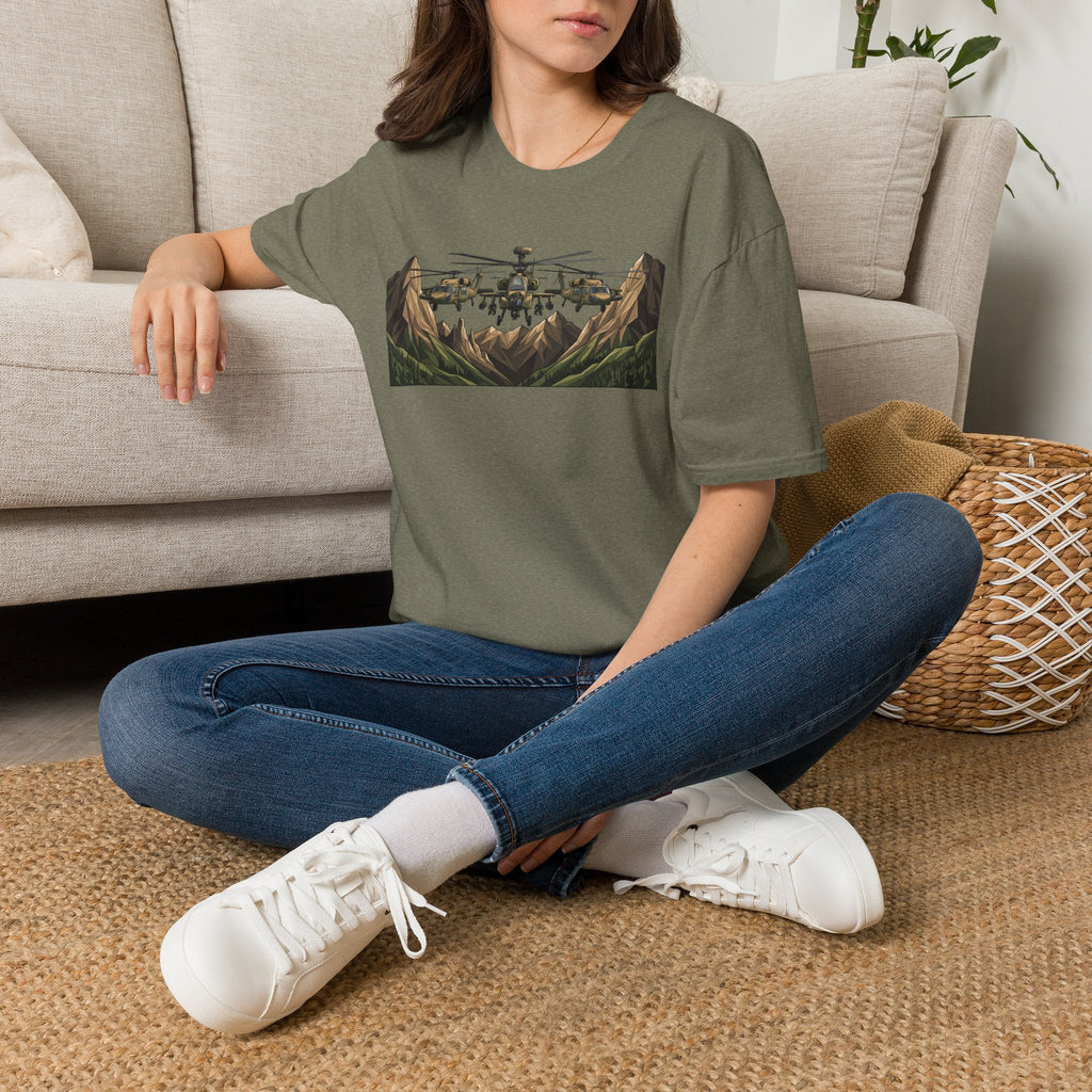 Heather military green crew-neck T-shirt with helicopter landscape graphic on the chest.