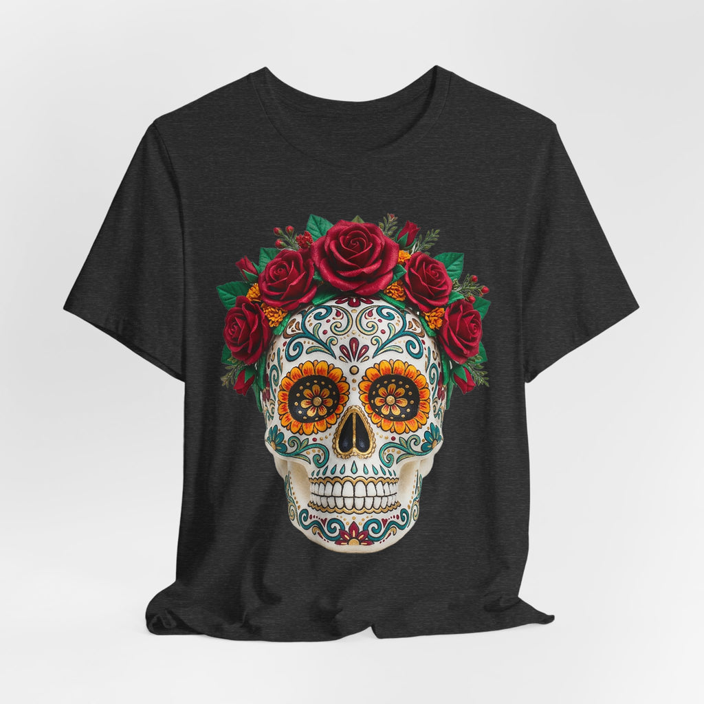 Dark Grey Heather T-shirt featuring sugar skull face with red rose crown graphic