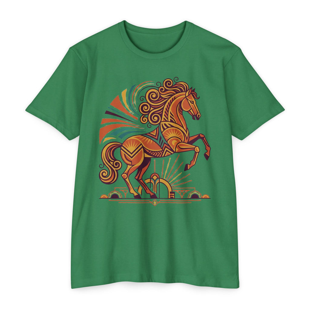Green horse graphic T-shirt with colorful prancing horse illustration