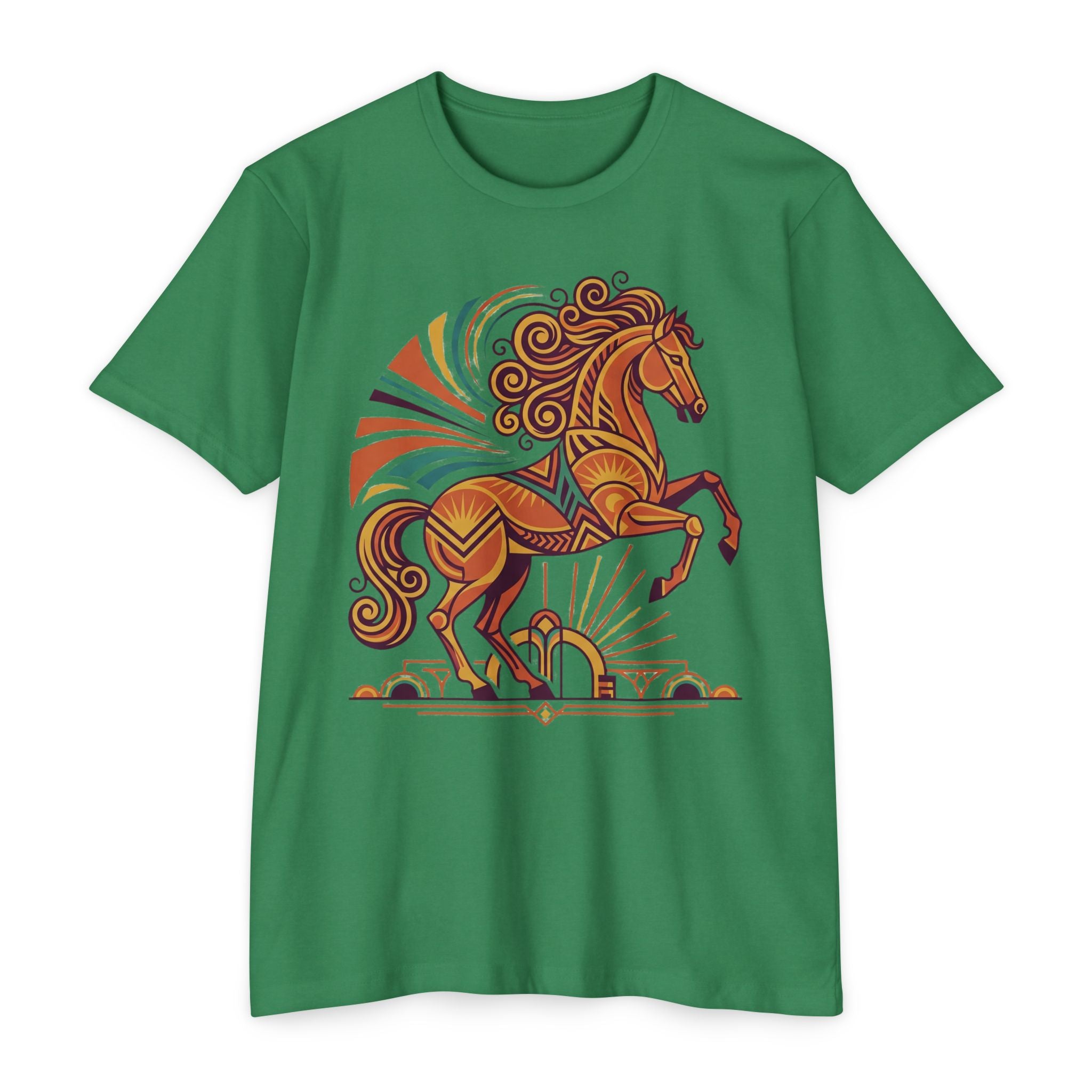 Green horse graphic T-shirt with colorful prancing horse illustration