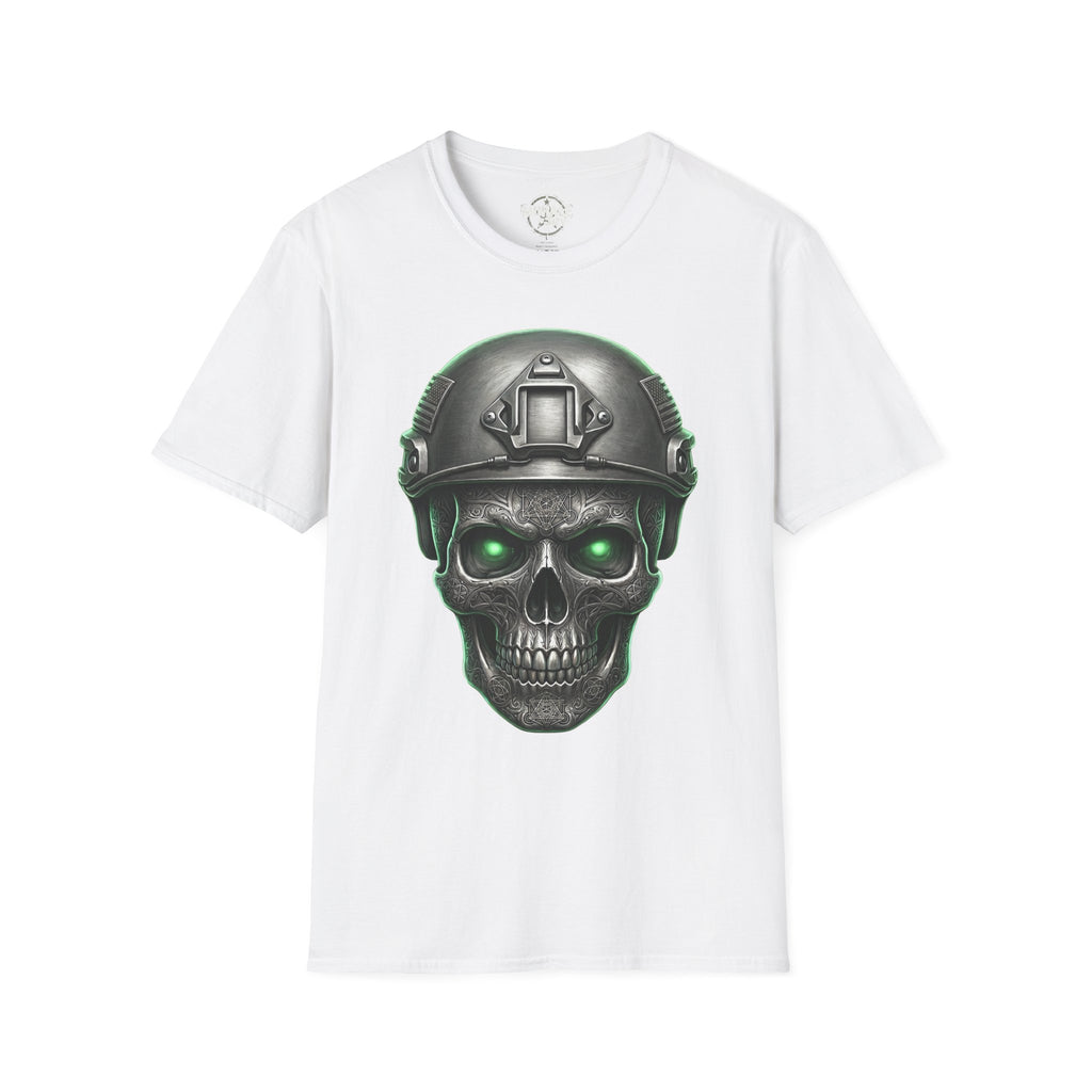 Tactical skull T-shirt con casco y ojos verdes fluorescentes, camiseta blanca