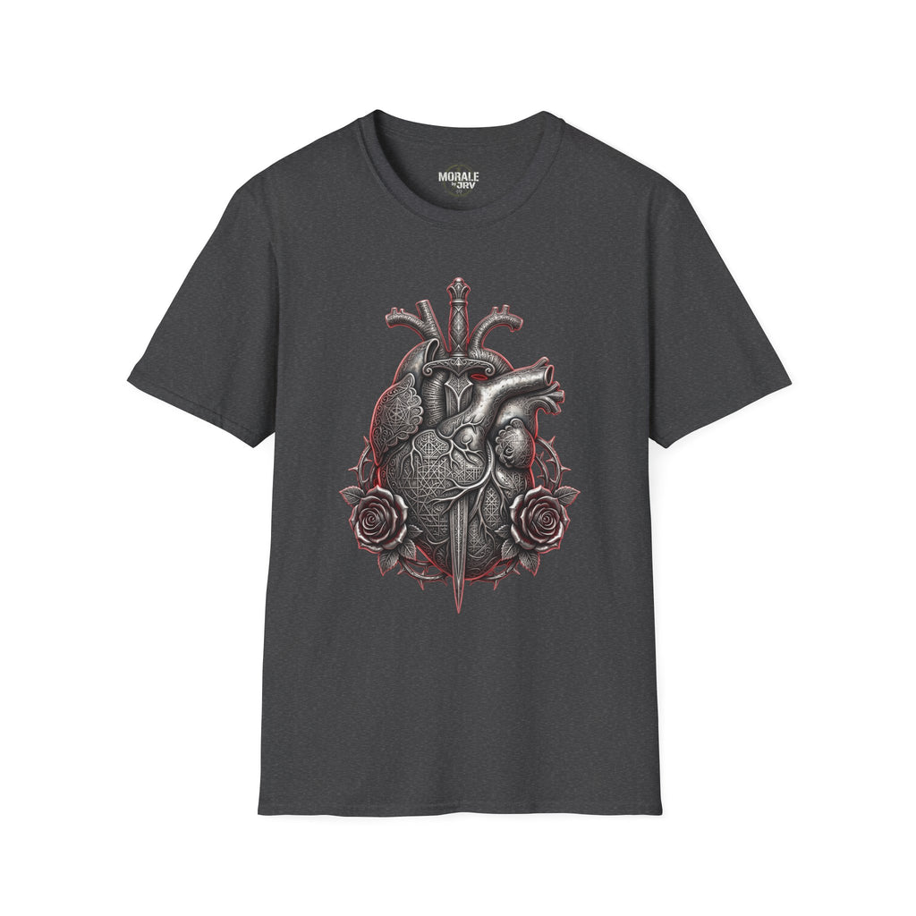 Dark heart-and-roses graphic t-shirt with crew neck and short sleeves