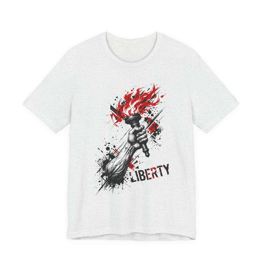 Light grey crewneck T-shirt with flaming torch statue graphic and distressed “LIBERTY” text