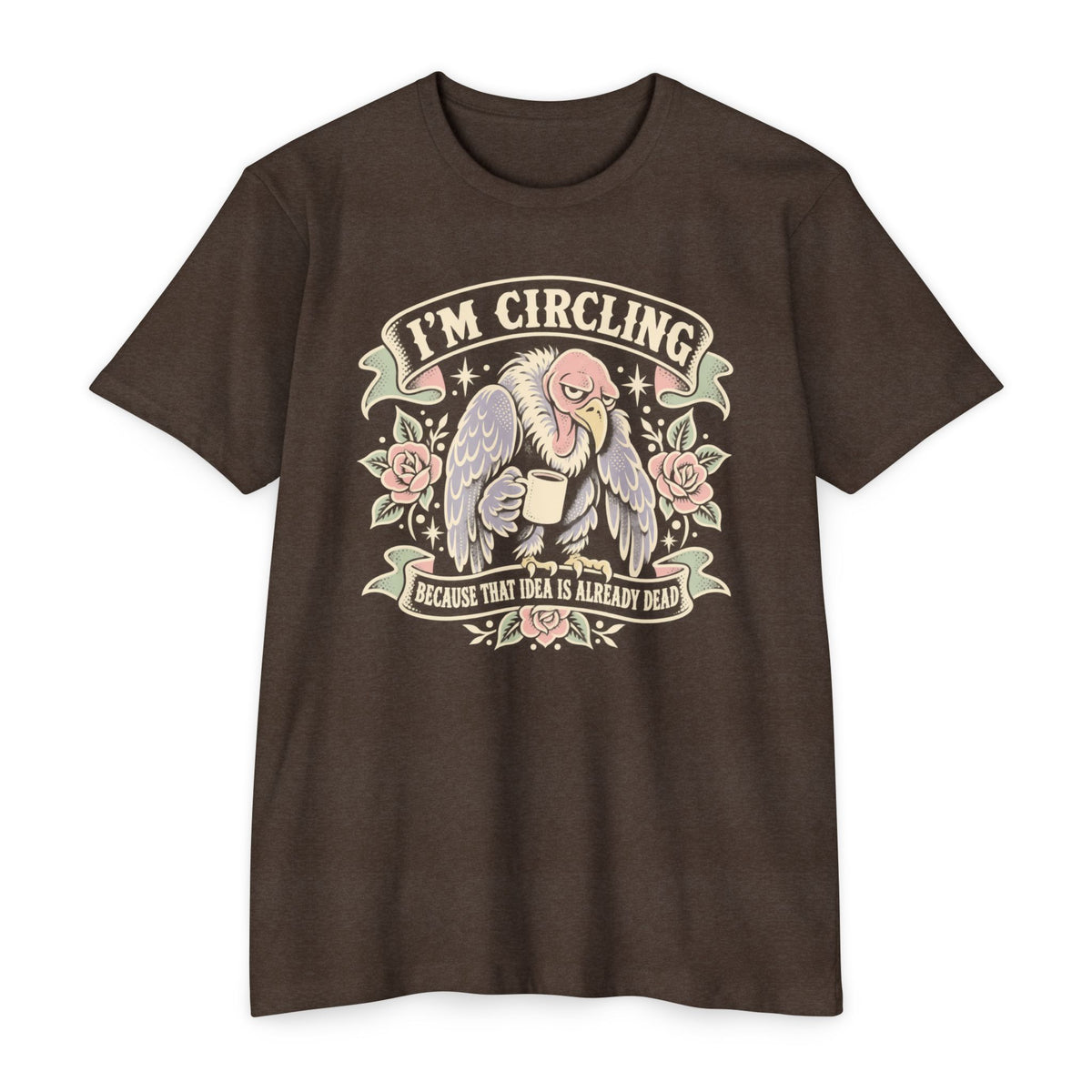 Brown vulture graphic T-shirt with winged face and “I’m circling” text