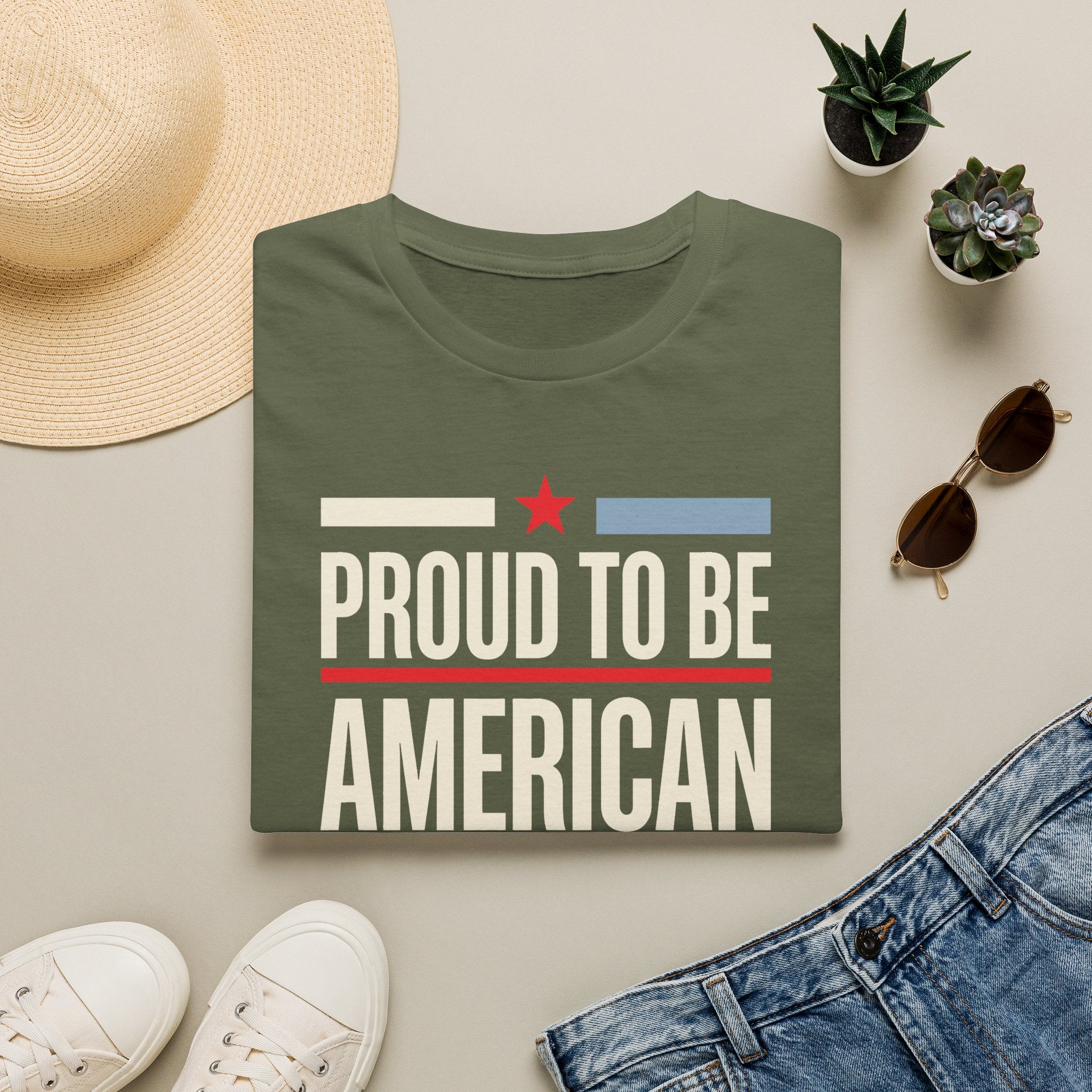 Patriotic T-shirt in military green with 'Proud To Be American' star-and-stripe graphic
