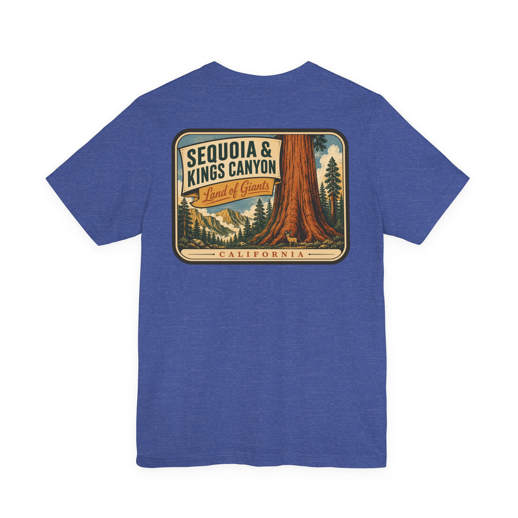 Blue crew-neck T-shirt with Sequoia & Kings Canyon rectangle front graphic