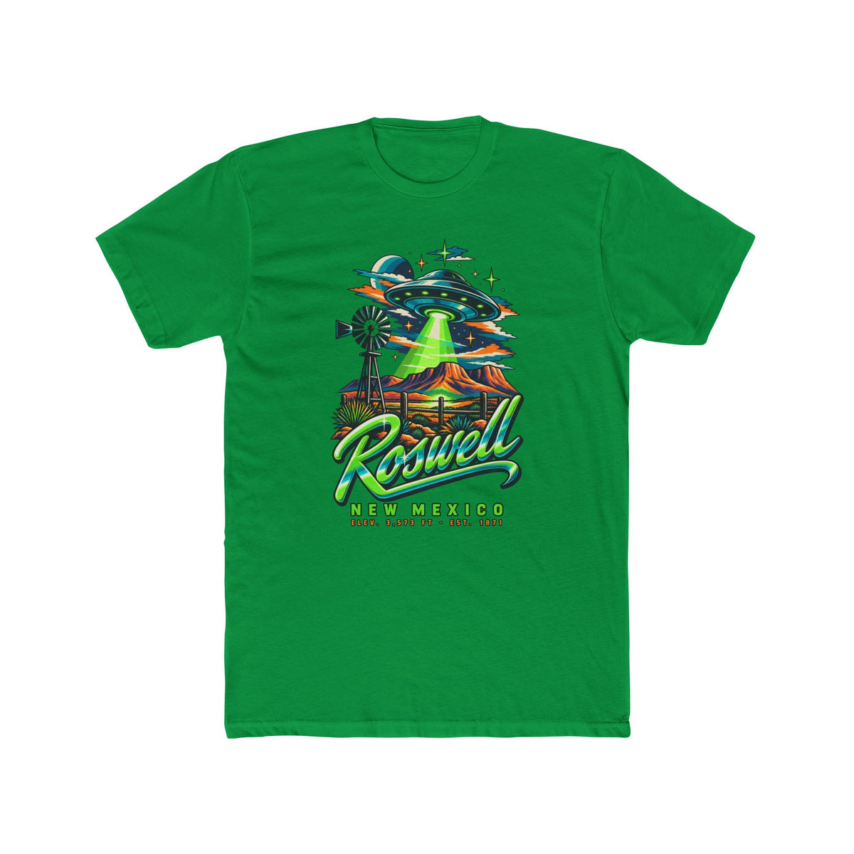 Green short-sleeve T-shirt with colorful UFO and desert graphic print