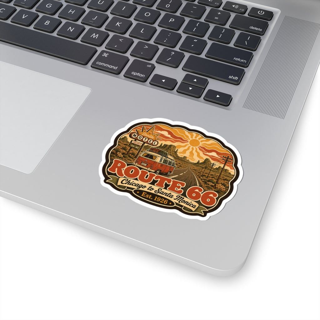 Route 66 kiss-cut decal with red van on road and orange rays, Chicago to Santa Monica