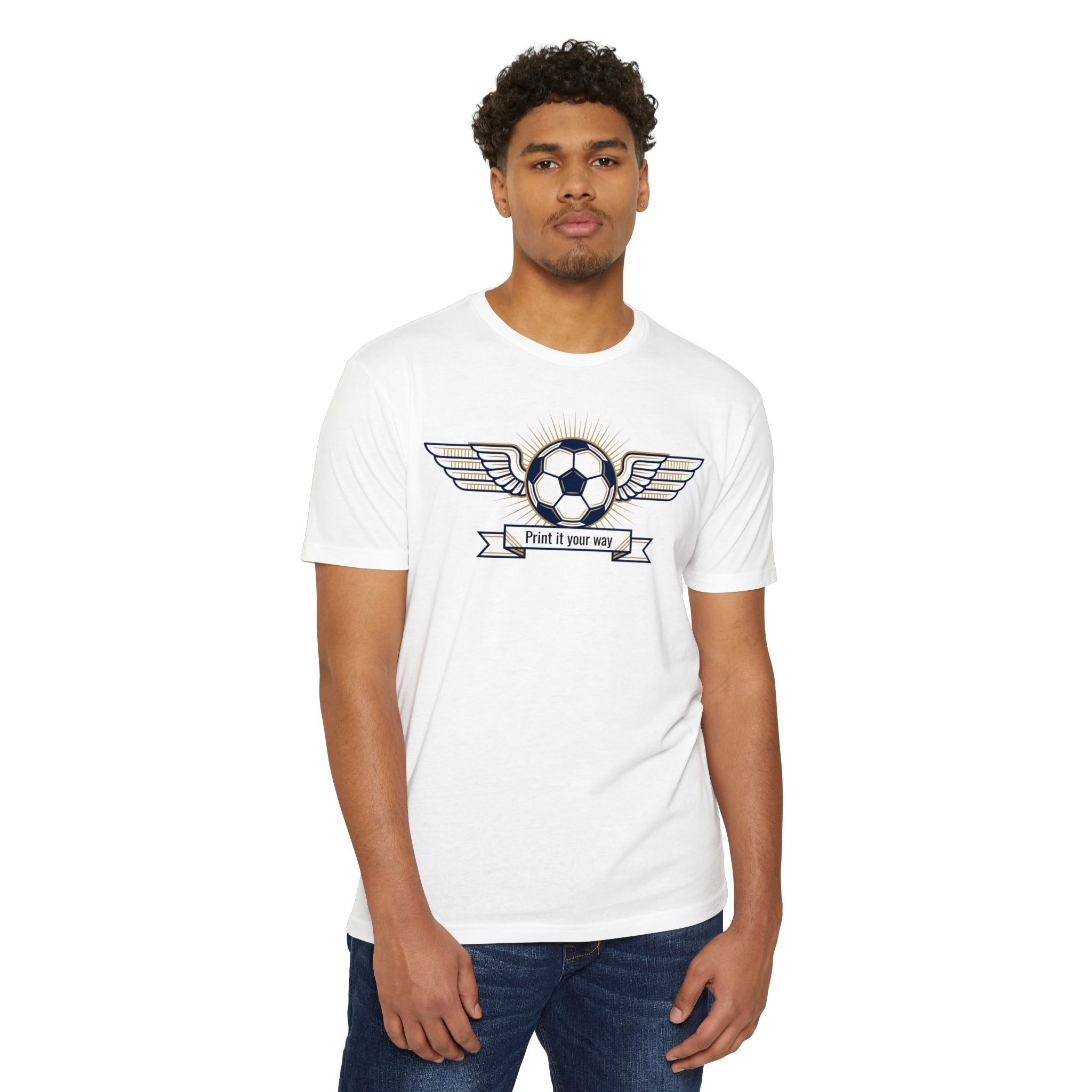 Vintage soccer T-shirt, front with winged ball emblem and ribbon, white